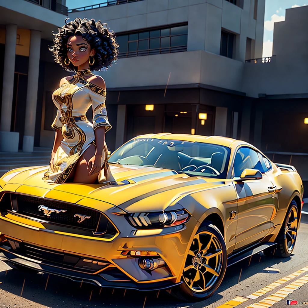 ((ultra high definition)), ((ultra high resolution)), ((ultra sharpness)), ((cinematic)), ((8K)), ((Unreal Engine 5)), ((Ultra Black girl)), ((extremely beautiful)), ((totally realistic)), ((total fidelity)), ((ultra curvy)), ((front view)), ((big ass and thick thighs)), ((ultra detailed face)), (( beautiful forehead))(,ultra detailed eyes)), ((ultra detailed irises)), ((ultra detailed hands)), ((ultra detailed fingers)), (((alone))), (((full body))), ((natural lighting)), ((white tribal markings on skin)), ((always the same face)), ((repeat always the same face)), ((always the same body)), ((always the same body proportions)), ((wearing a sexy colourful African dress clothing with gold linen and edges)), ((gold ornaments)), ((standing next to a white and black 2018 ford mustang)), ((full body 2018 ford mustang)), ((front view of ford mustang facing camera)), ((in city parking)),((alone in the photo)), ((repeat the same clothes)), ((always the same clothes)), ((looking at the camera)), ((short and curly hair)), ((silky curly hair)), ((black hair)), ((light gray irises)), ((rain)), ((wet))