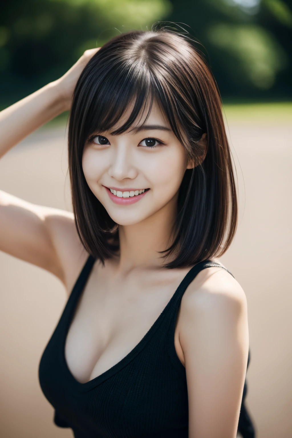 Close up of woman posing for photo,  Japanese Models, Beautiful Asian Girl, 20-year-old female model,  4K、bangss、A dark-haired、bobhair、Middle hair、(Tank Tops、Onepiece:1.2),　(Super cute face in idol style:1.2)、slim and beautiful figure、Beautiful breasts、A smile、