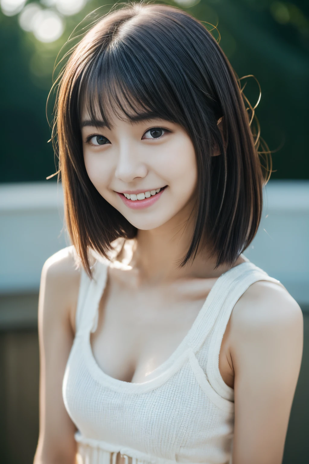 Close up of woman posing for photo,  Japanese Models, Beautiful Asian Girl, 20-year-old female model,  4K、bangss、A dark-haired、bobhair、Middle hair、(Tank Tops、Onepiece:1.2),　(Super cute face in idol style:1.2)、slim and beautiful figure、Beautiful breasts、A smile、