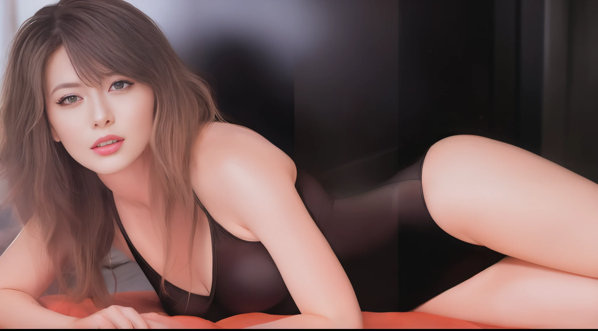 there is a woman laying on a bed in a black bodysuit, sultry digital painting, stoya expressive oil painting, sensual painting, fully clothed. painting of sexy, airbrush digital oil painting, smooth. digital painting, seductive tifa lockhart portrait, digital matt painting, glossy digital painting, elegant seducing pose, stoya, digitally painted, big breasts, cleavage,