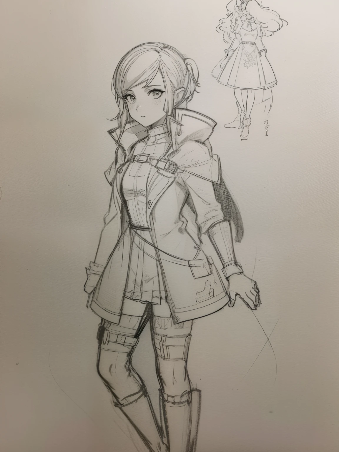 <lora:Character Design:1>Character Design - Q version of the game character sketch on the same screen with three views front view left view back view monochrome pencil watercolor style