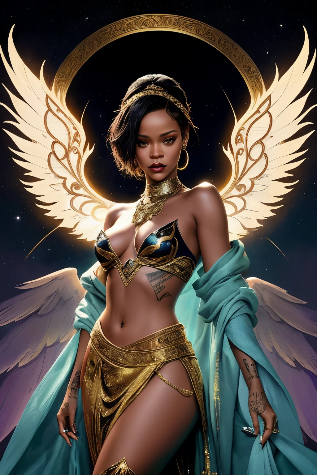 "Generate an AI image depicting Rihanna as a captivating and ethereal mythological creature. Blend her iconic features with elements from various mythologies to create a unique and enchanting portrayal. Consider incorporating mythical traits such as wings, celestial motifs, or other fantastical elements that complement Rihanna's persona while maintaining an otherworldly and mystical aesthetic."