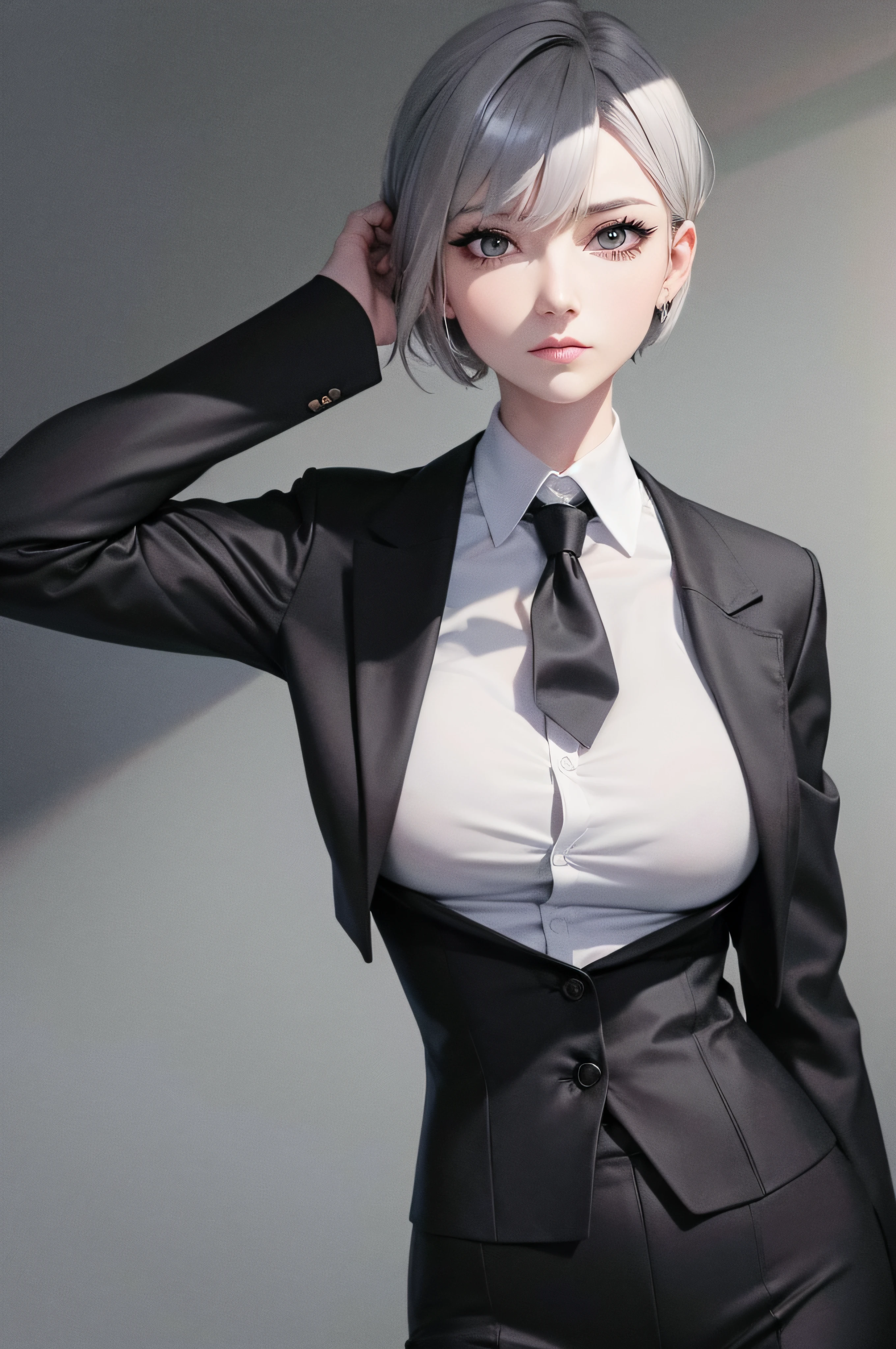 8k, high resolution, masterpiece, illustration, extreme details, mature, gray short hair, gray eyes, large breast, sexy, slim, business attire, white polo with black coat, black pants, professional, serious expression, eyeliner