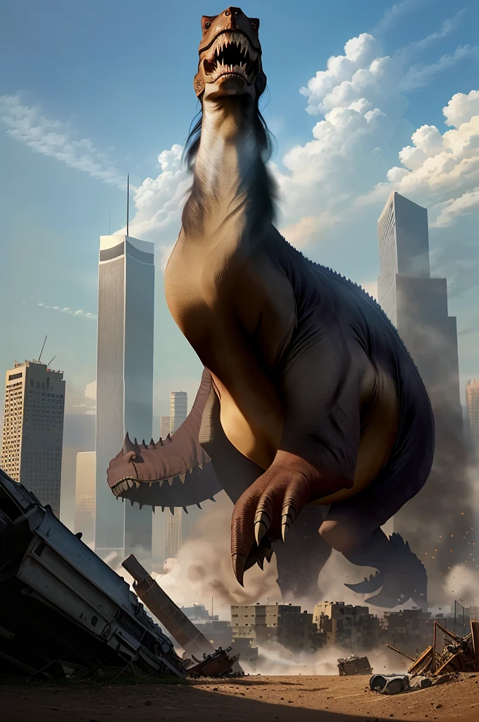 Machines, dinosaur people, destroy buildings
