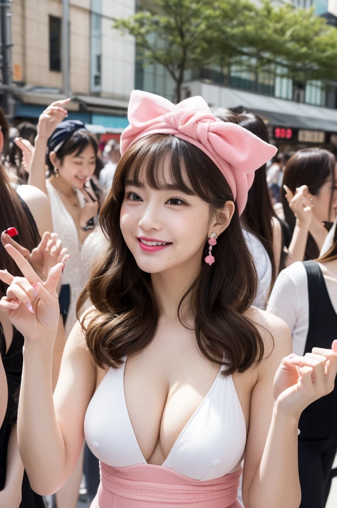8K、(Ultra-realistic images)、ultra-detailliert、masterpiece、Live Action、Top image quality、top-quality、japanes、1womanl、White, clear skin、(Pouty figure:1.2)、Pale pink high leg swimsuit、 (Clearly visible cleavage:1.2)、Cute smile、(large boob:1.2)、(Beautiful fingers、beautiful nails、red lipsticks)、(big earrings and big headband)、Dancing happily、dance、(Wearing pin heels)、Harajuku's Takeshita Street、crowded with many people、