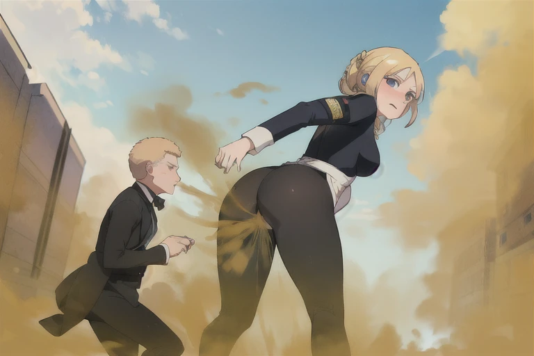 ((annie leonhardt))),Attack on titan,make the characters similar to the ones in the anime,big boob,big ass,Yellow smoke,Attacked by farts, Attack with farts,)),((Sticking out the butt)),((wearing a military police outfit like the one in Attack on Titan)),velocity,, (((Yellow smoke is rising ))),((Hip Attack)),((),((Facing this way))),masterpiece:1.2、top-quality)、(the Extremely Detailed CG Unity 8K Wallpapers、ultra-detailliert、Best Shadows)、(细致背景)、(The best lighting、extremely delicate and beautiful)、depth of fields,((Girl fart)),(),(((((There is a male butler and a female military police.......))))),(((Female military police attacks male butler in the face with a hip attack..))),(((high-handed female maid)),(((A male butler who endures pain))),(reiner braun and bertholdt hoover seeing her farting)))