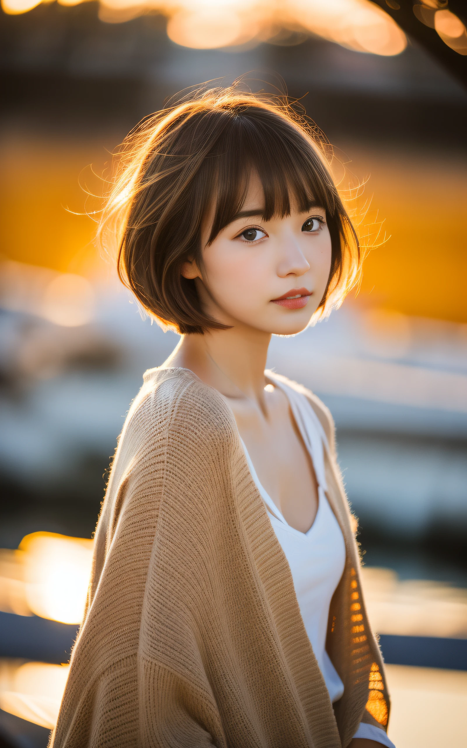 short hair and white summer knitwear, Japan woman against the background of Da Vinci notes, 20-year-old woman, half woman, summer knit, short hair, short hair with bangs, girl with a cute face, cute fine face in portrait, French bob, pale fair skin!!, short brown hair and big eyes, soft portrait shot 8 k, beautiful light big eyes, beautiful young girl, young girl in a bob cut, Highest image quality, masterpiece --auto --s2