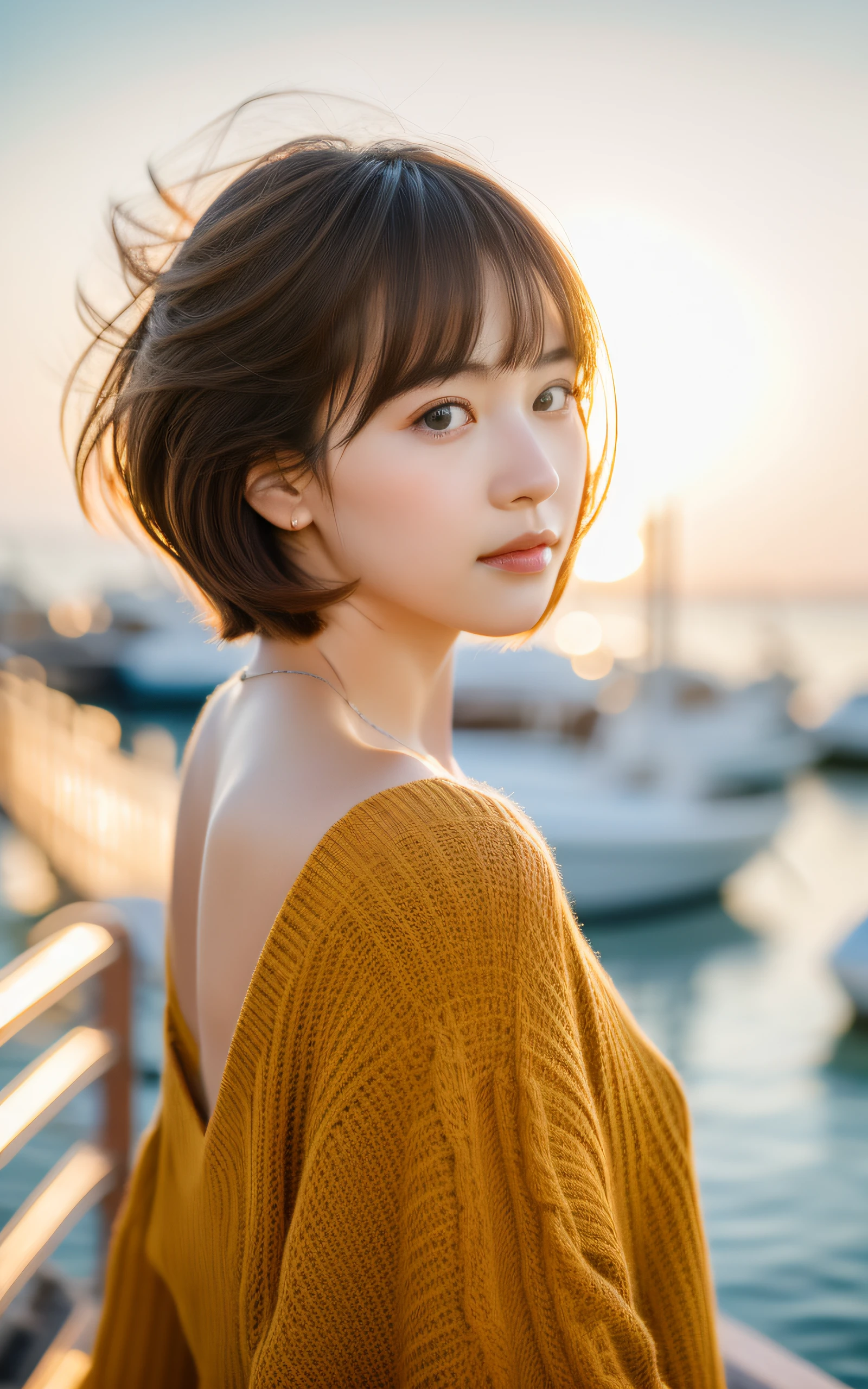 masutepiece, Best Quality, 8K, 1 girl, Yacht harbor at sunset, 18 yo, medium breasts⁩, Mouth slightly open, cute little, Solo, sad, Clothes that look good in autumn, Cute, Girly, Delicate girl, Neat and clean beauty, Raw photo, Professional Photography, Portrait, Soft light, Professional Lighting, Back lighting, Upper body, see the beholder, Sophisticated, Film grain, (Eyes and faces with detailed:1.0), Short hair swaying in the wind, beautiful flowing brown hair, Bangs