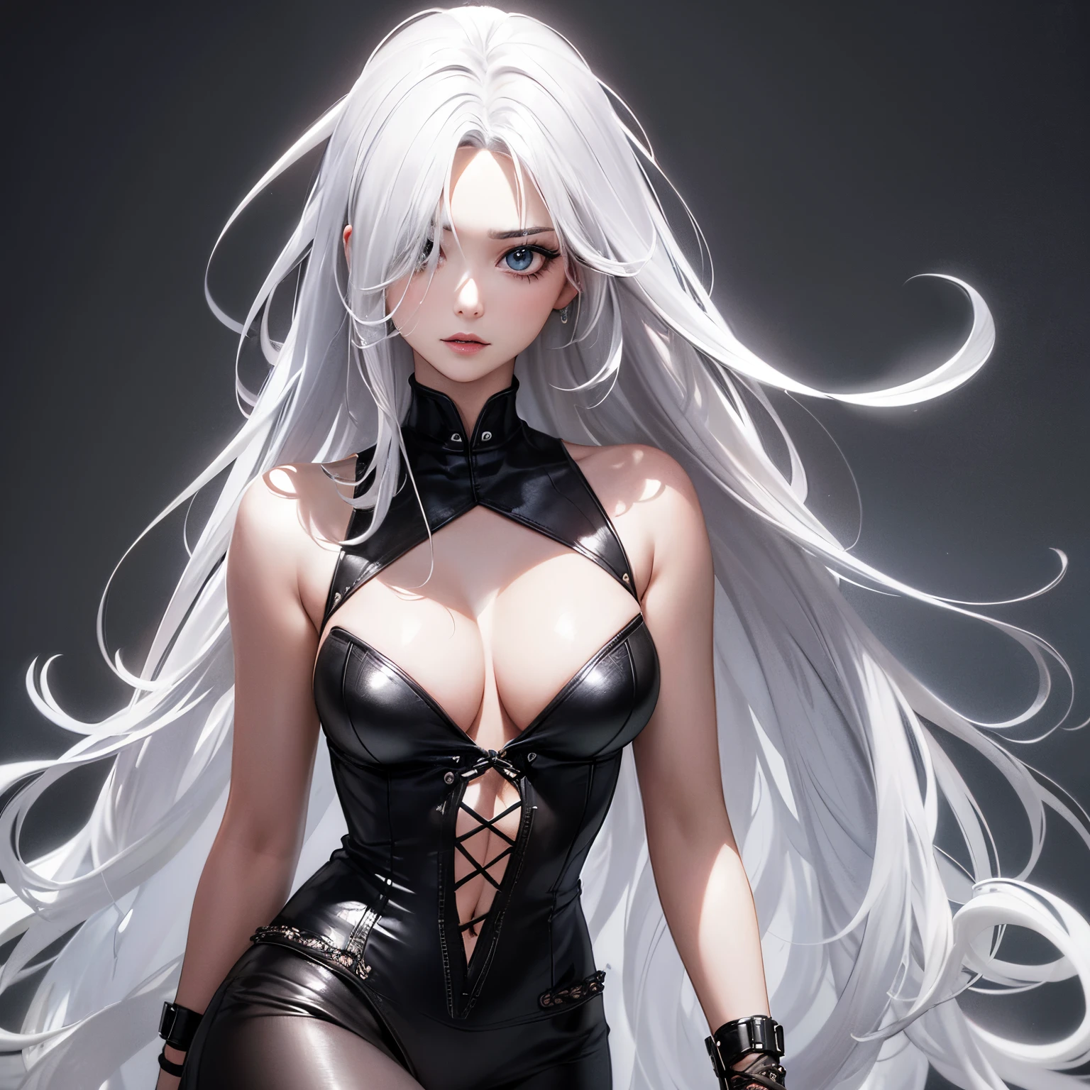 super high quality, 8k, RAW photo, realistic, white messy hair, forehead, hair over one eye, cute woman, full makeup, annoying sexy expressions, slender, perfect proportion, wearing gray sexy dress made of leather with laces on both sides