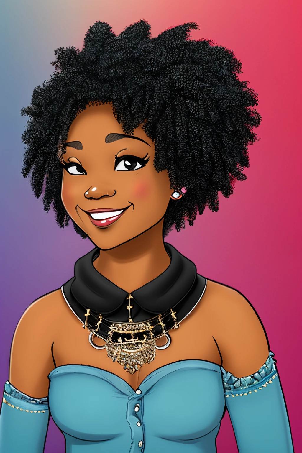 Boondocks character, a black adult woman with black curly hair that goes down to her shoulders. Wears eyeliner as she has on black chokers and necklaces, wearing a black long sleeve and a skirt that is long down to her ankle.