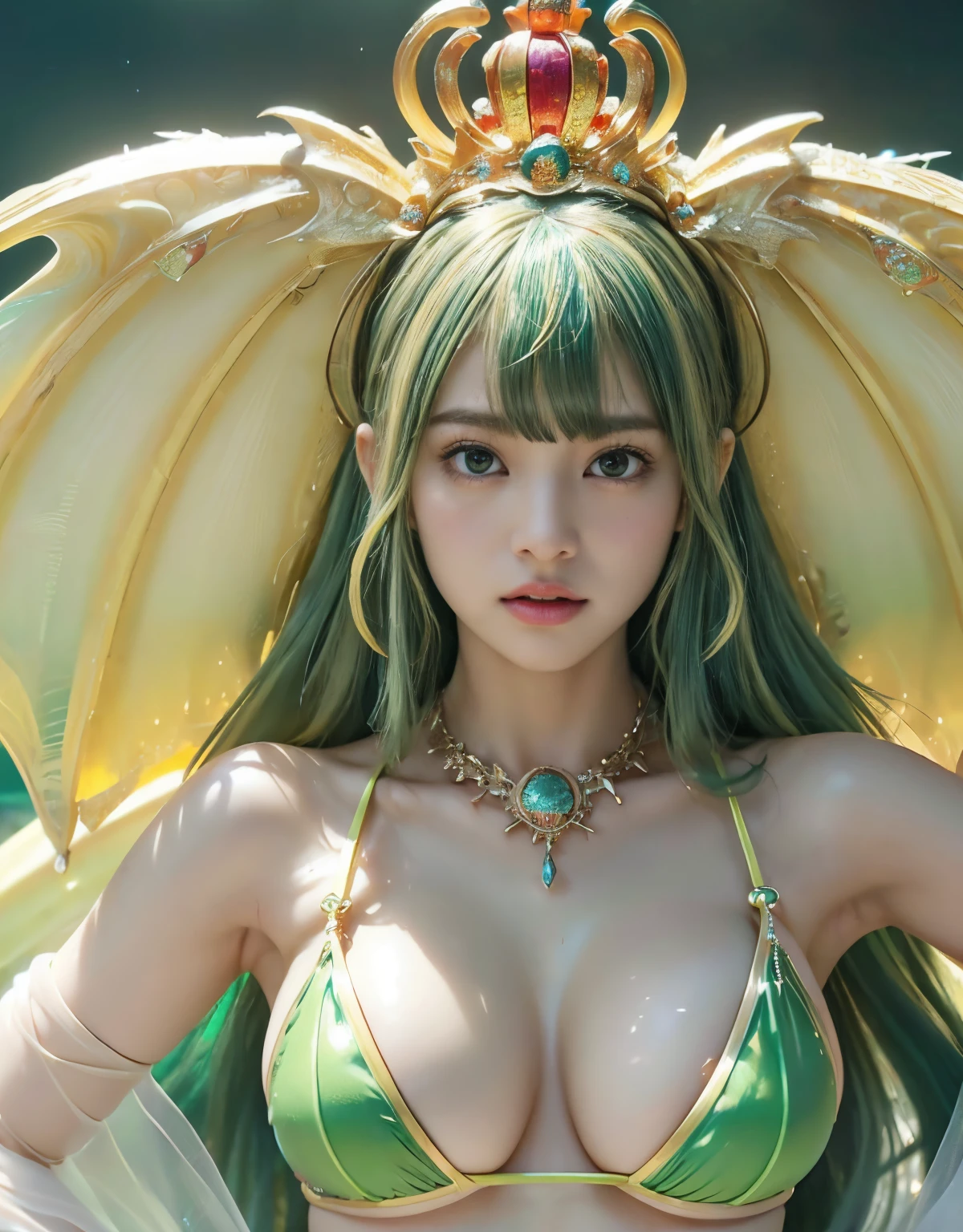 (heavy breasts)、top-quality、masterpiece、超A high resolution、(((chinese jewelry dragon background))),(White Ragon Armor)、(((Colossal tits))),dragon armor、(((Detailed Micro Bikini))),(Wearing a beautiful crown made of jewels),(Photorealsitic:1.4)、Raw photo、1人、(((Random hair))、(((Take different poses)))、glowy skin、(((Yellow-green hair)))、Intricate and ornate hair ornaments、(Gorgeous Jewelry Necklaces)、(Mystical expression)、(Full Body Angle)、(Metal bikini)、((beautiful lake background)),(gem dragon background)、(Precipitous cliffs)、((super realistic details))、portlate、globalillumination、(sexypose)、Shadow、octan render、8K、ultrasharp、Colossal tits、Raw skin is exposed in cleavage、metals、Details of complex ornaments、Japan details、highly intricate detail、Realistic light、CGSoation Trends、Blue eyes、Glowing eyes、Facing the camera、Toostock、(Full Body Angle)、(veils)、(((Heavy Big))),Eyes glow、((Detailed Micro Bikini))、(A person who sees with calm and goddess-like eyes)Happiness:1.2)、