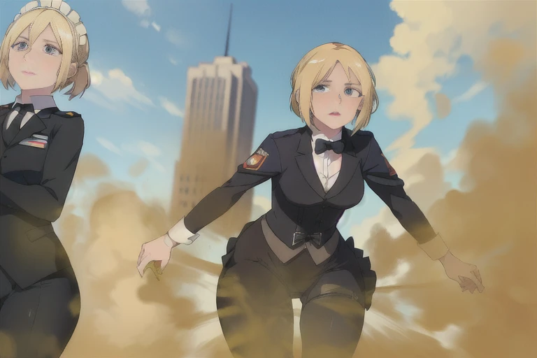 ((annie leonhardt))),Attack on titan,make the characters similar to the ones in the anime,big boob,big ass,Yellow smoke,Attacked by farts, Attack with farts,)),((Sticking out the butt)),((wearing a military police outfit like the one in Attack on Titan)),velocity,, (((Yellow smoke is rising ))),((Hip Attack)),((),((Facing this way))),masterpiece:1.2、top-quality)、(the Extremely Detailed CG Unity 8K Wallpapers、ultra-detailliert、Best Shadows)、(细致背景)、(The best lighting、extremely delicate and beautiful)、depth of fields,((Girl fart)),(),(((((There is a male butler and a female military police.......))))),(((Female military police attacks male butler in the face with a hip attack..))),(((high-handed female maid)),(((A male butler who endures pain)))
