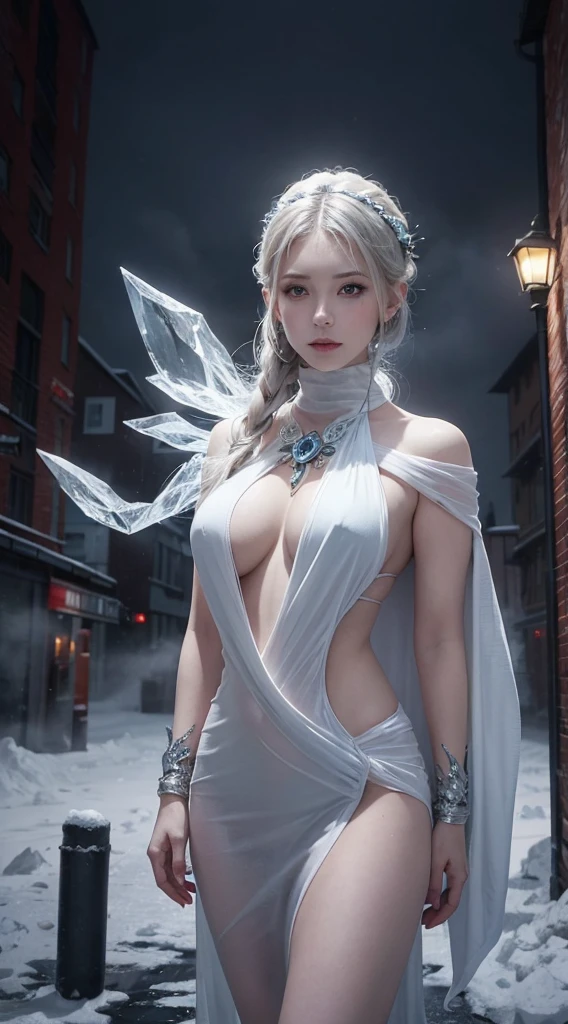 1个Giant Breast Girl, beautiful ice goddess, ice witch, Pure ice elemental spirit, Intricate design and details, Chilling, Cold, Blizzard storm, Whole body shrouded in icy mist, Summon Ice Spell, cast ice spell, Realistic ice effects, Ice pellets, dark fantasy art style, city ruins, dramatic lights, Cinematic