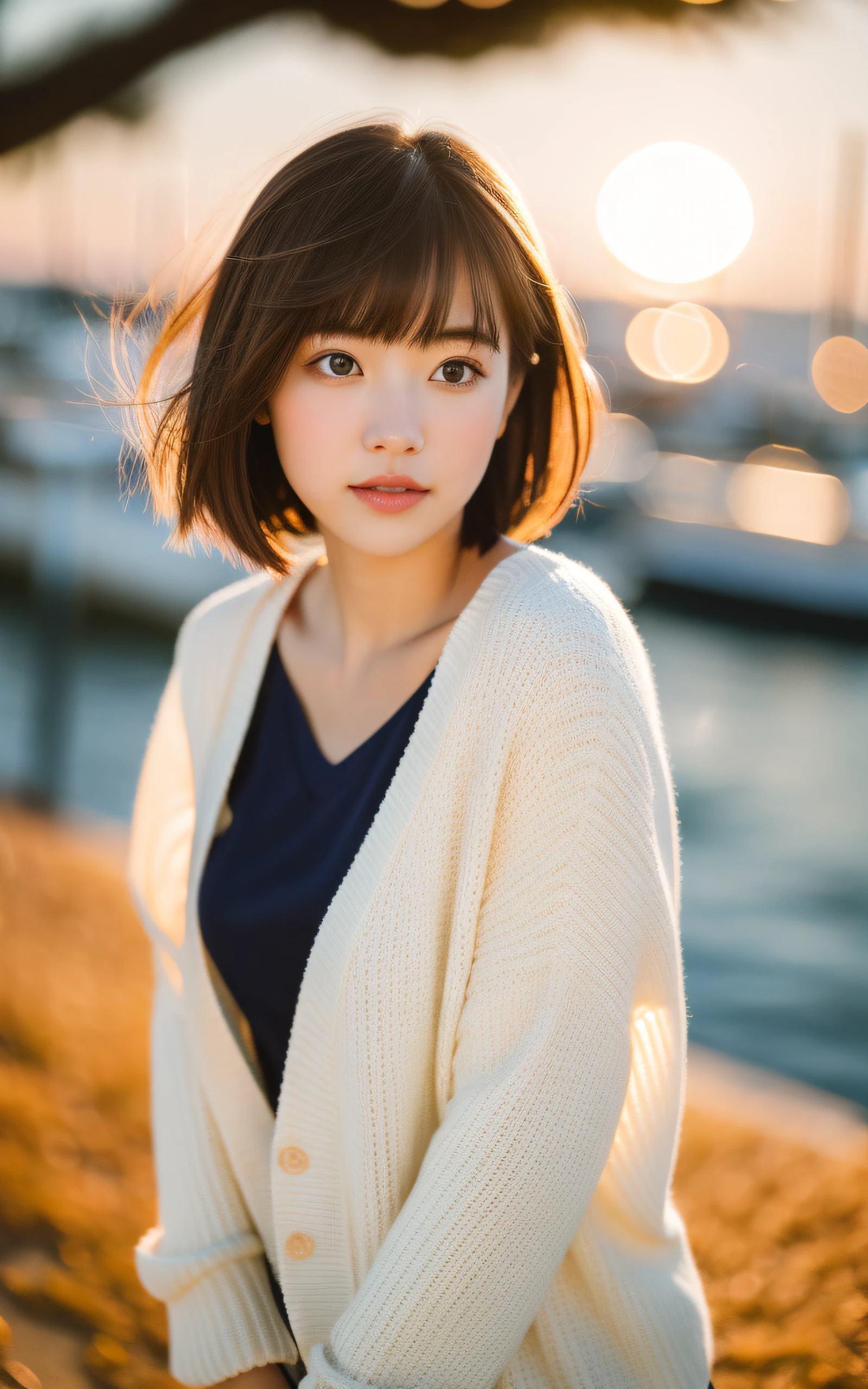 masutepiece, Best Quality, 8K, 1 girl, Yacht harbor at sunset, 18 yo, medium breasts, Mouth slightly open, cute little, Solo, sad, Clothes that look good in autumn, Cute, Girly, Delicate girl, Neat and clean beauty, Raw photo, Professional Photography, Portrait, Soft light, Professional Lighting, Back lighting, Upper body, see the beholder, Sophisticated, Film grain, (Eyes and faces with detailed:1.0), Short hair swaying in the wind, beautiful flowing brown hair, Bangs