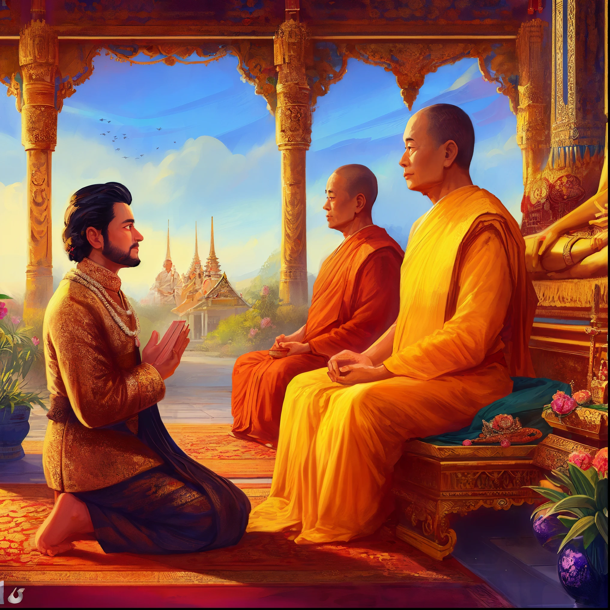 a painting of a man sitting on a rug in front of a group of monks, buddhism, buddhist, tithi luadthong, hindu stages of meditation, on path to enlightenment, monk meditate, on the path to enlightenment, beautiful depiction, monk clothes, by Nicholas Marsicano, temple background, in a temple, holy man looking at ground