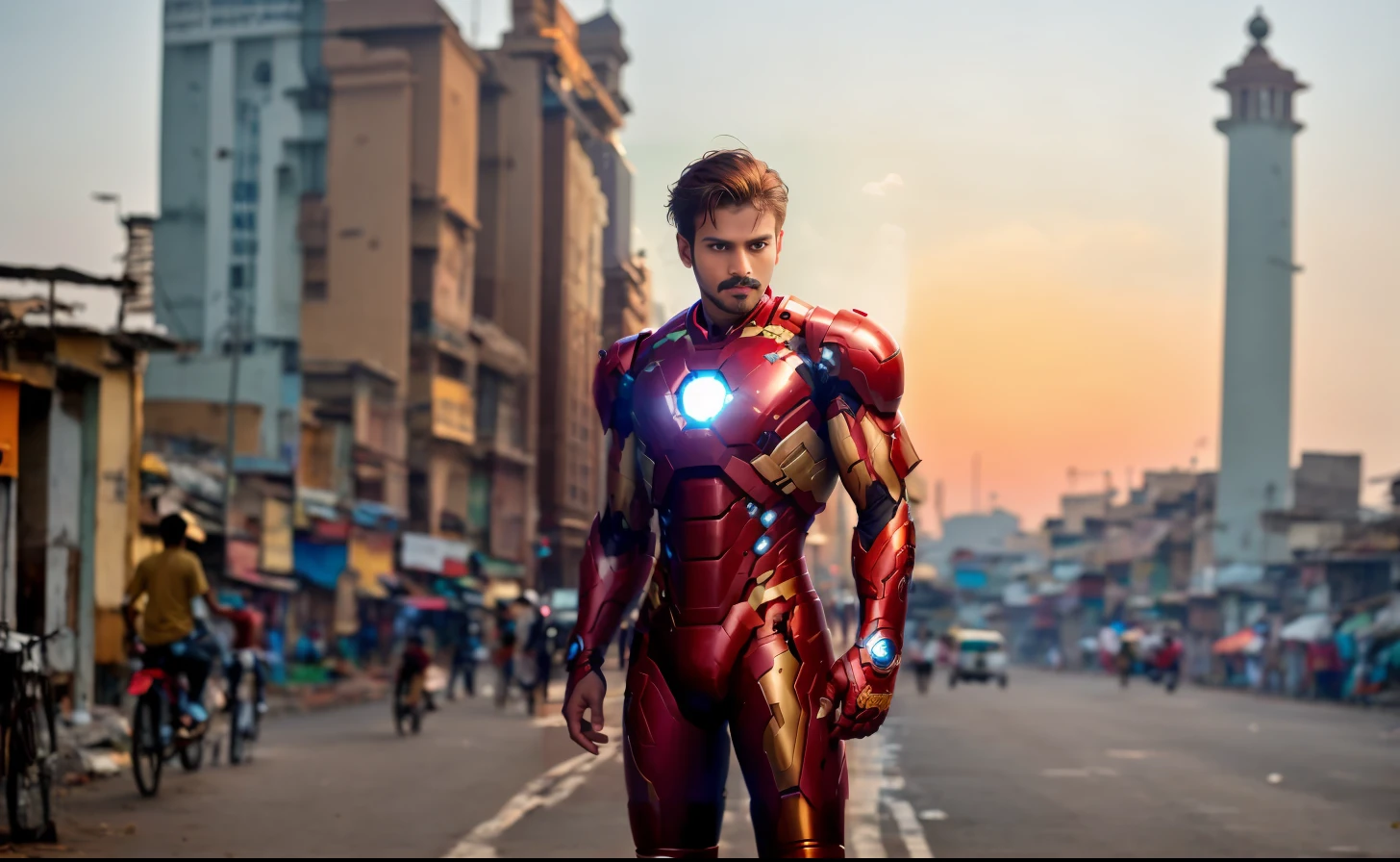 high quality, 8k, hyper detailed, photorealistic, portrait of Bruno Fernandes, wearing an iron man suit, standing in a football stadium, dramatic lighting, cinematic composition, dynamic pose, hyperrealistic, volumetric rendering, intricate details, metallic textures, glowing arc reactor, advanced technology, sports arena, spectators in the background, dramatic action scene
