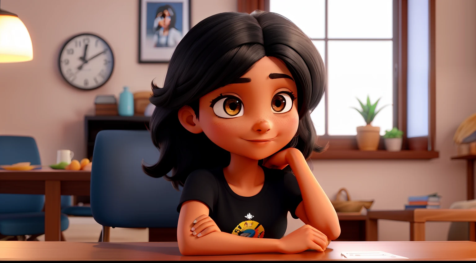 uma mulher de 38 anos, morena, negra, shoulder length straight black hair, olhos castanhos. Ambiente; na sua casa sentada na mesa.
