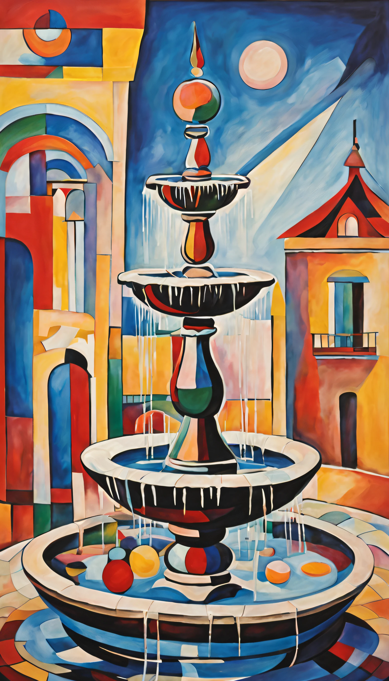 The fountain, Kandinsky style, in the Picasso style, iintricate, extremly high detail