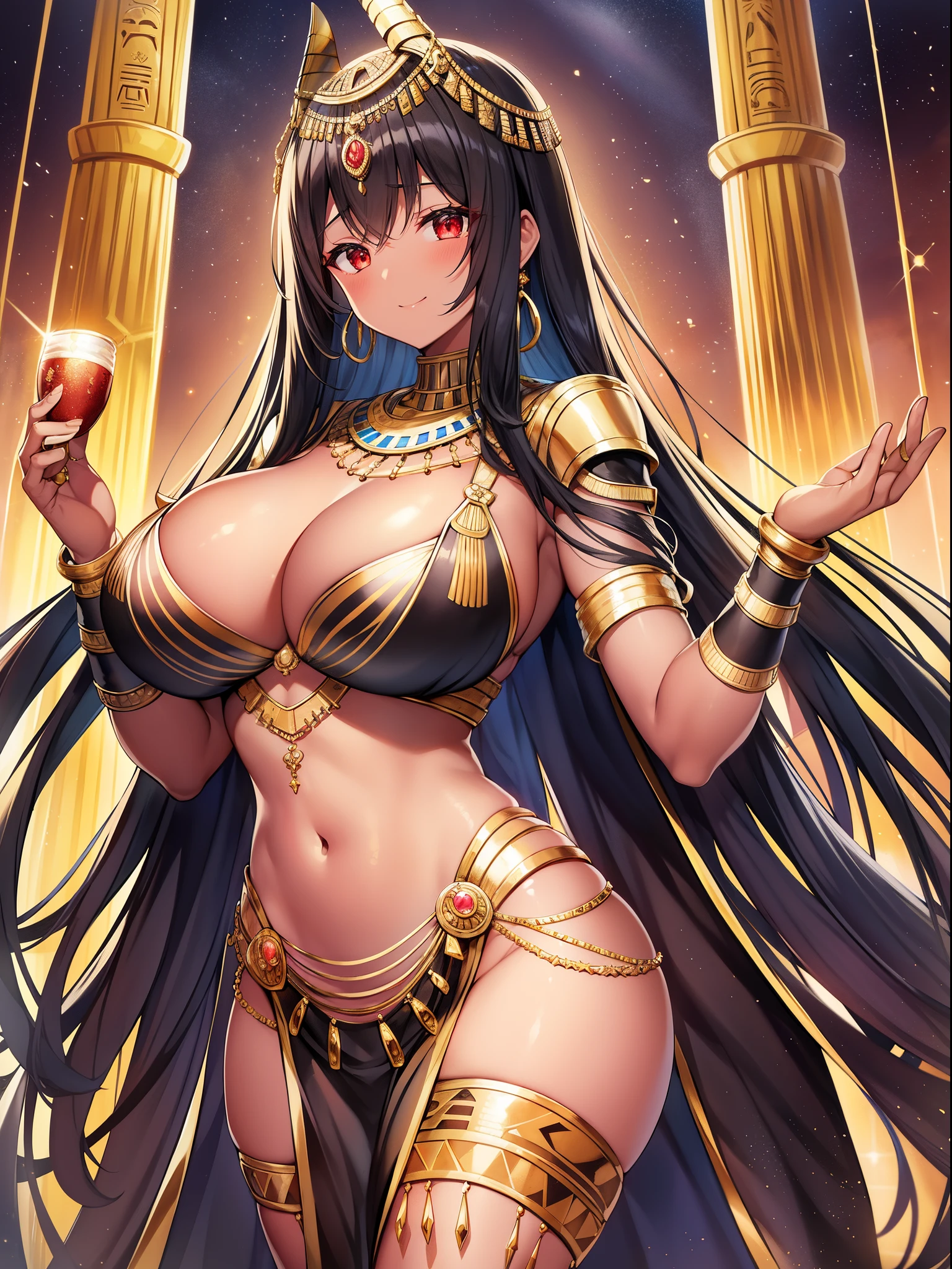 Outrageous resolution、masutepiece++,top-quality++,ultra-defined++, ultra-defined++,4K++,8K++,(Background Focus)++, Highly detailed, Viewer's Perspective、Golden World、A desert、scorching、Golden pyramid、ancient egyptian queen、ancient egyptian queen cleopatra、Dark-skinned mature woman with big breasts、golden queen、Brown skin、Black skin、Cleopatra's outfit、ancient egyptian clothing、White cloth figure、Golden decoration、Jewelry Necklace、cleopatra hair、Black Straight Hair、Bob Cut Hair、jet black hair color、Bewitching smile、bewitching、with blush cheeks、devilishness、Beauty of the Leaning Country、The world's top three beauties、makeup、Golden Eyes、Shining eyes、blood red eyes、Out of this world beauty
