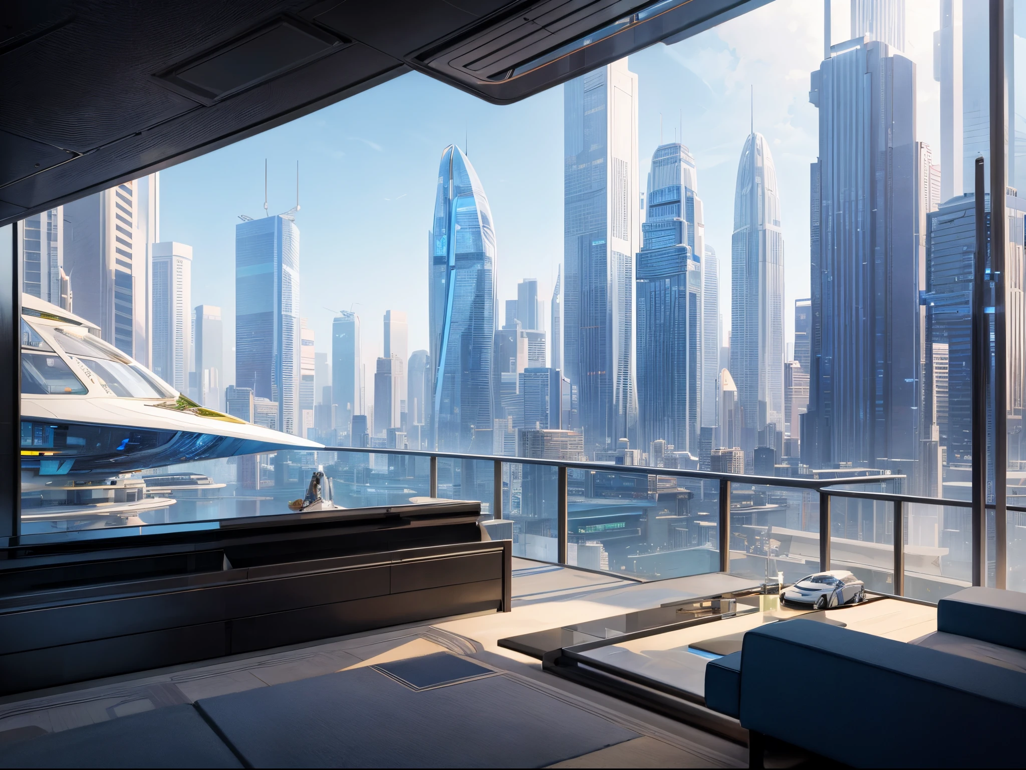Envision a futuristic luxury home set in a high-tech cityscape, with sleek, metallic architecture and advanced technology inspired by the futuristic cityscapes of Syd Mead.