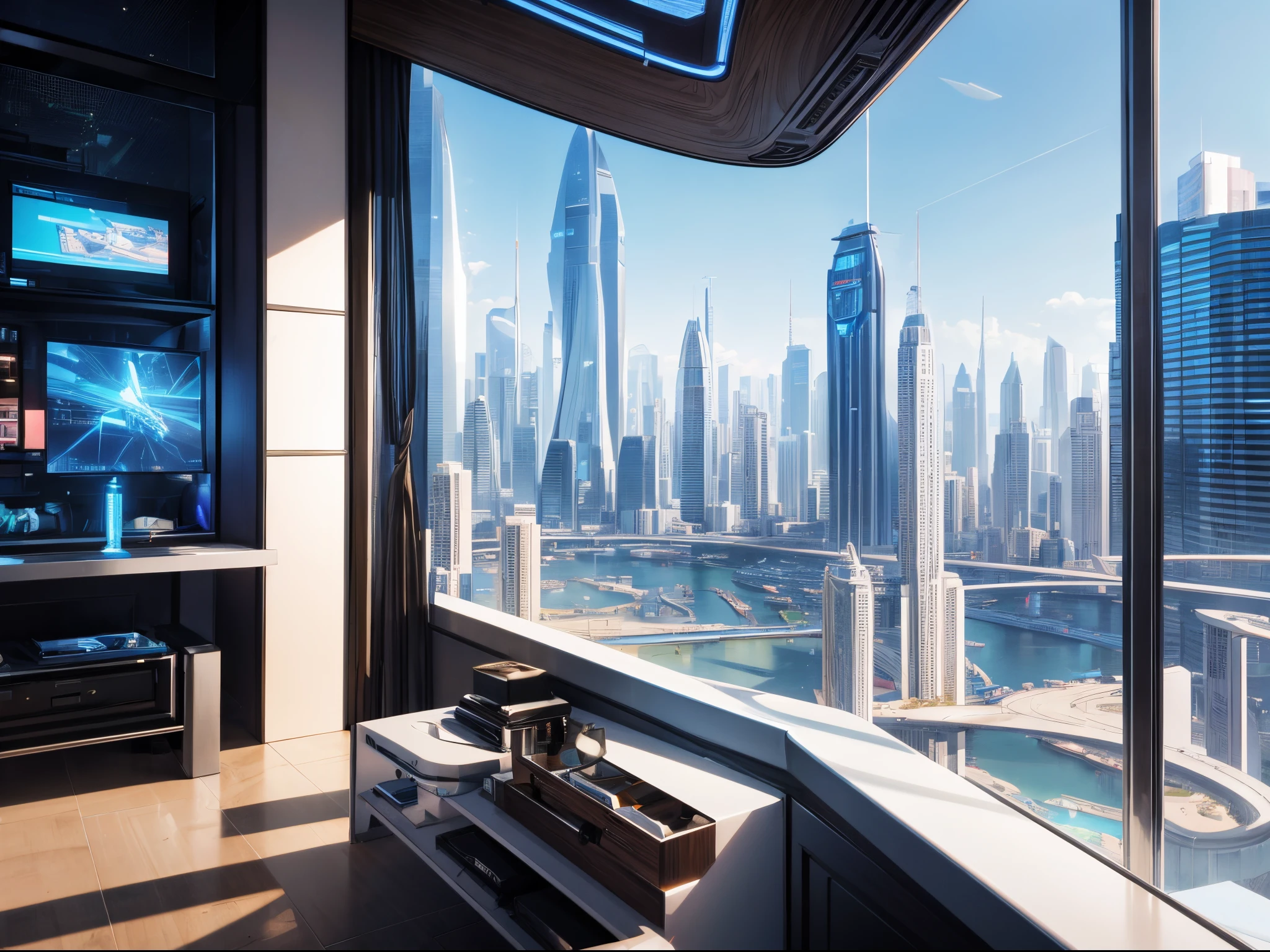 Envision a futuristic luxury home set in a high-tech cityscape, with sleek, metallic architecture and advanced technology inspired by the futuristic cityscapes of Syd Mead.