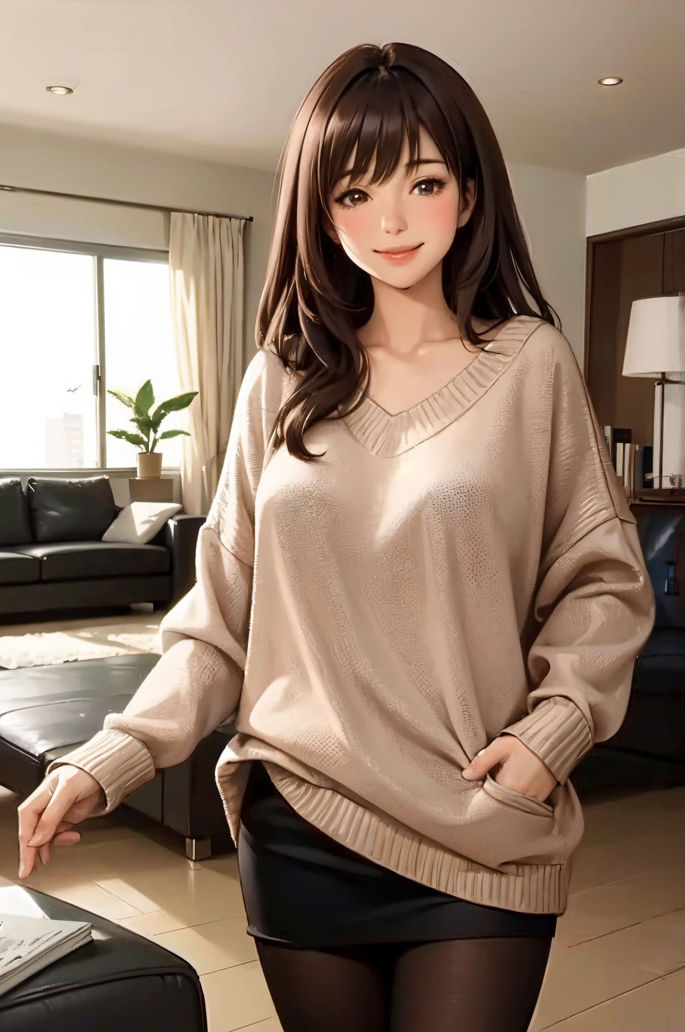 1lady standing, /(oversized sweater/) v-neck, mature female, /(brown hair/) bangs, blush kind smile, (masterpiece best quality:1.2) delicate illustration ultra-detailed, large breasts pantyhose BREAK /(modern house living room/) indoors