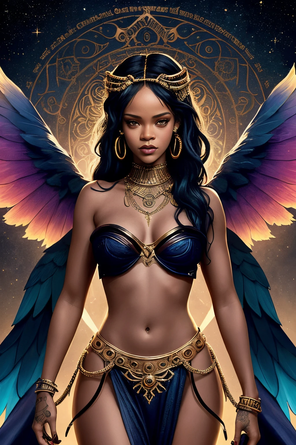 "Generate an AI image depicting Rihanna as a captivating and ethereal mythological creature. Blend her iconic features with elements from various mythologies to create a unique and enchanting portrayal. Consider incorporating mythical traits such as wings, celestial motifs, or other fantastical elements that complement Rihanna's persona while maintaining an otherworldly and mystical aesthetic."