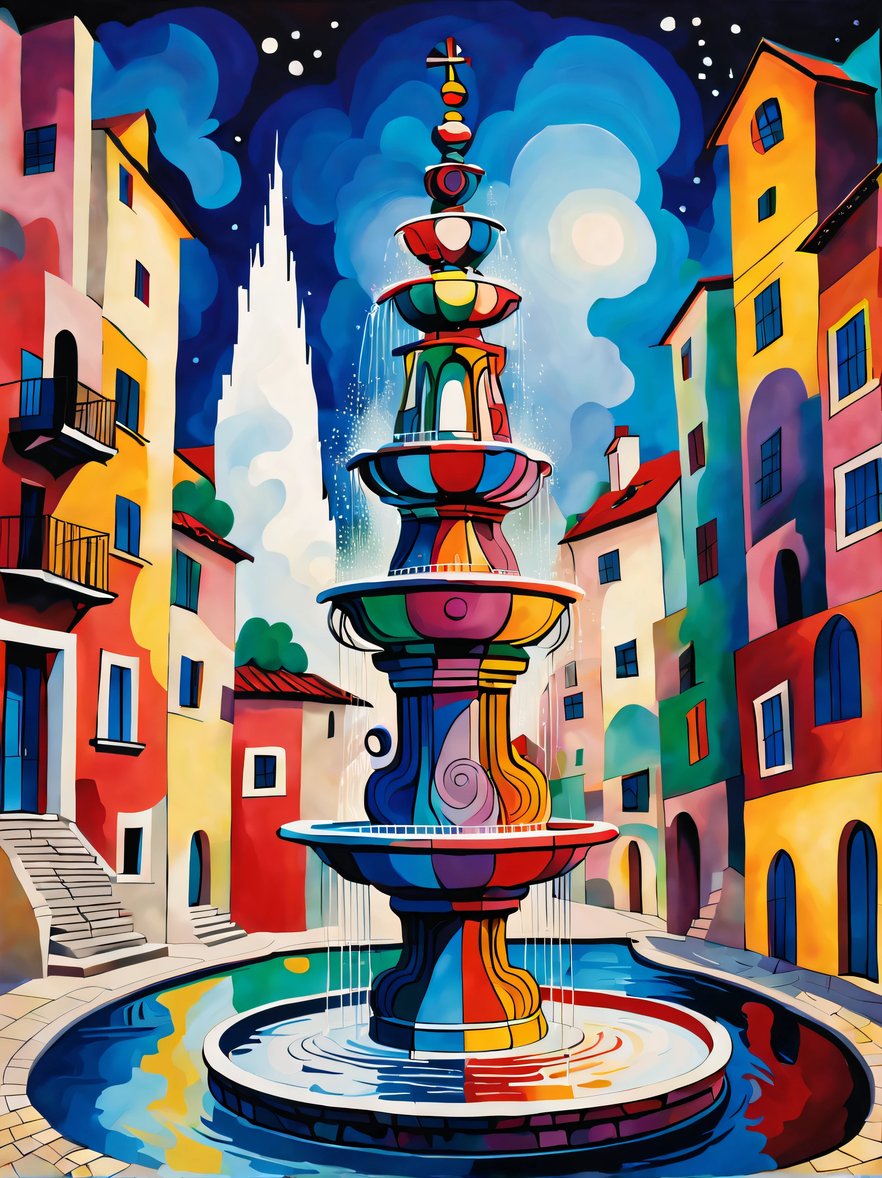 The fountain, Kandinsky style, in the Picasso style, iintricate, extremly high detail