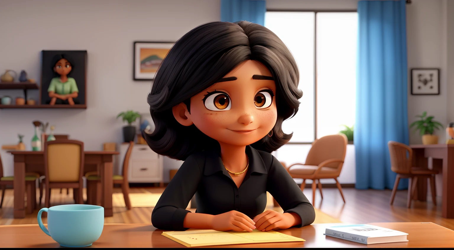 uma mulher de 45 anos, morena, negra, shoulder length straight black hair, olhos castanhos. Ambiente; na sua casa sentada na mesa.