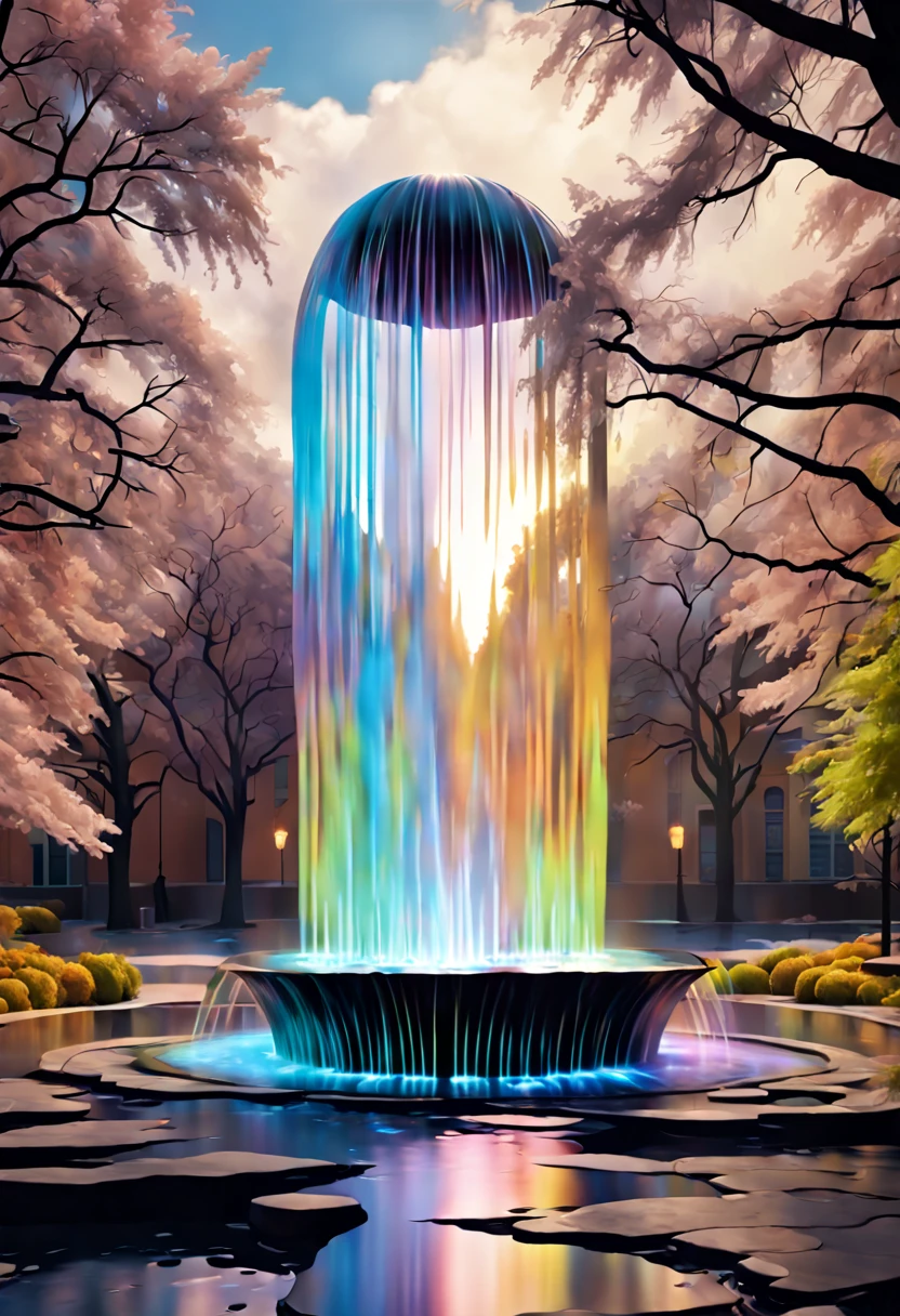 Beautiful psychedelic, swirling (water fountain in the small town:1.5),optical illusion,surreal,marble,reflection,vibrant colors,sparkling water,tranquil,mesmerizing,ethereal lighting,dreamlike,drifting mist,curved shapes,continuous flow,shimmering surface,illusory motion,fluidity,abstract,serenity,dynamic pattern,perception-bending,illusionary waves,harmony,bewitching scene,unreal dimension,otherworldly,depth perception,mesmerizing,subtle ripples,ever-changing,whirlpool of colors,enigmatic,transcendent,ethereal soundscape,mind-expanding,whimsical,translucent layers,captivating,flowing forms,endless movement,hypnotic