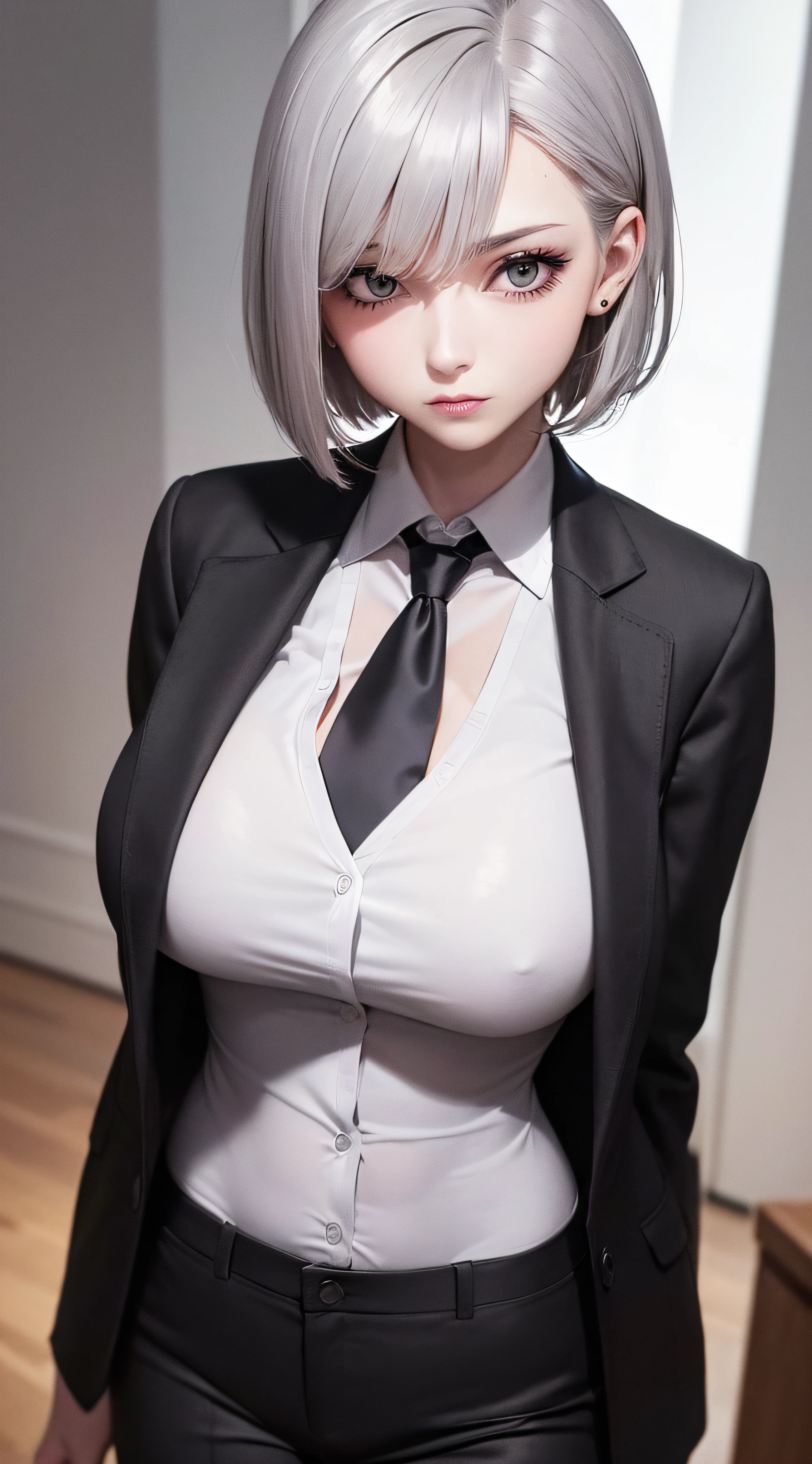 8k, high resolution, masterpiece, illustration, extreme details, mature, gray short hair, gray eyes, large breast, sexy, slim, business attire, necktie, white polo with black coat, black pants, professional, serious expression, eyeliner