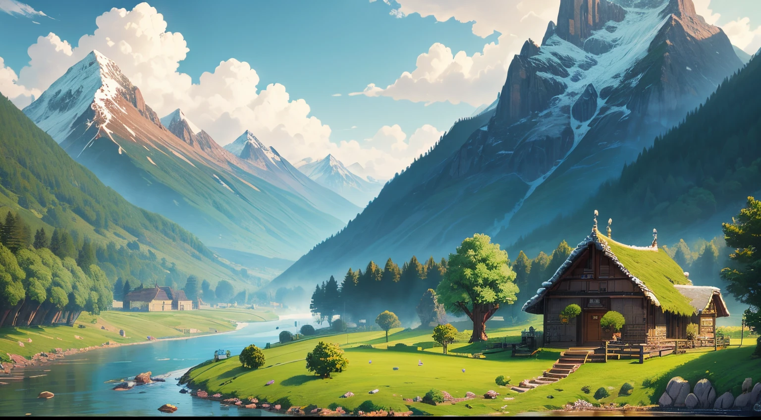 Pixel Art wallpaper , trees , mountain , village , river