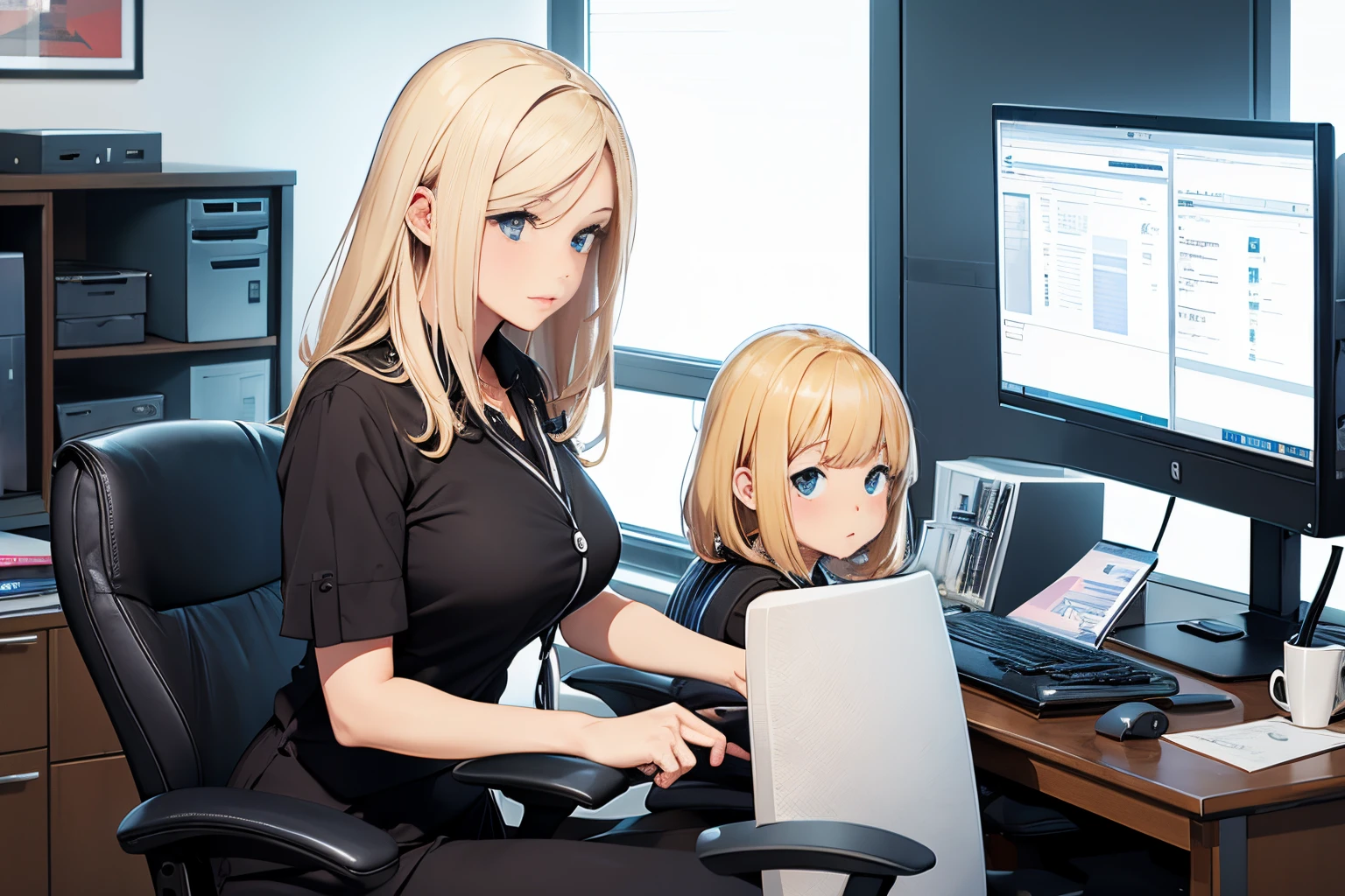 Office lady working on a computer at her office desk、1girl in,  serious cover、blonde hair、