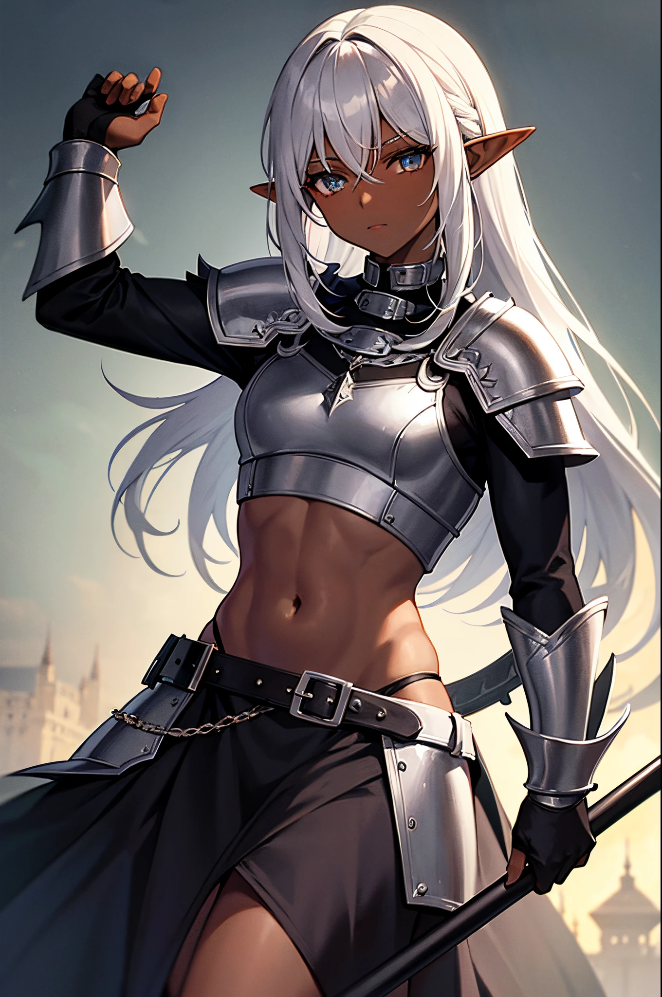 dark skinned, medium silver hair, androgynous, black skirt, elf boy, medieval armor, crop top