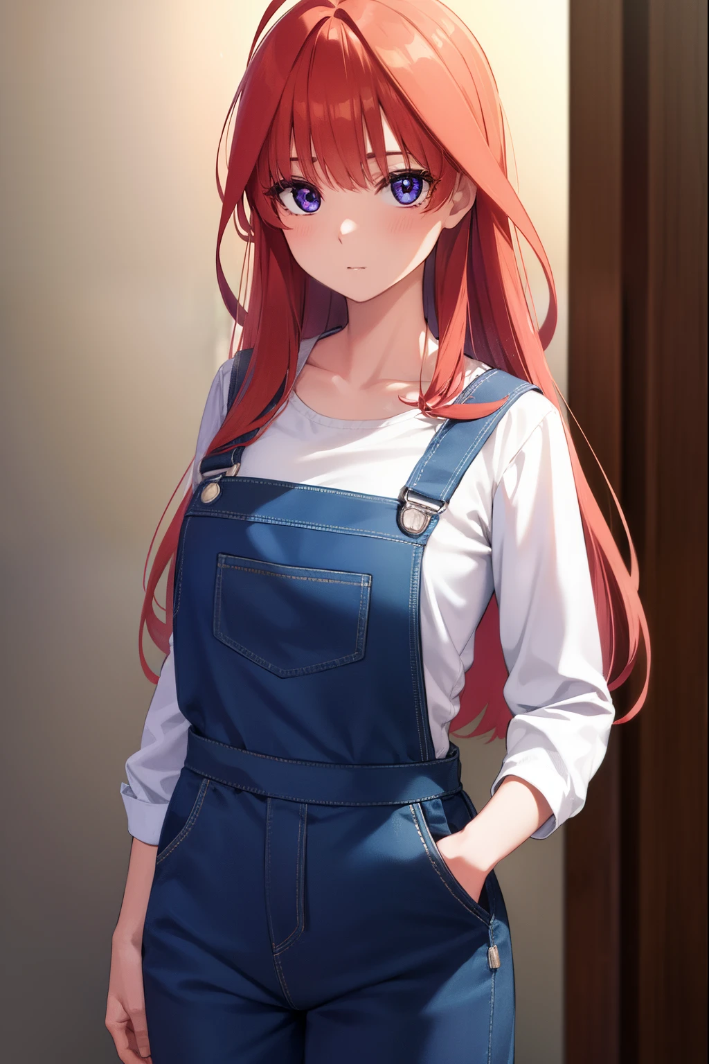 Nakanoitsuki, nakano itsuki, ahoge, red hair, (purple eyes:1.1), long hair,
BREAK cleavage, collarbone, frills, long sleeves, overalls, suspenders,,
BREAK looking at viewer, full body, upper body, (cowboy shot:1.5),
BREAK outdoors, farm,
BREAK (masterpiece:1.2), best quality, high resolution, unity 8k wallpaper, (illustration:0.8), (beautiful detailed eyes:1.6), extremely detailed face, perfect lighting, extremely detailed CG, (perfect hands, perfect anatomy),