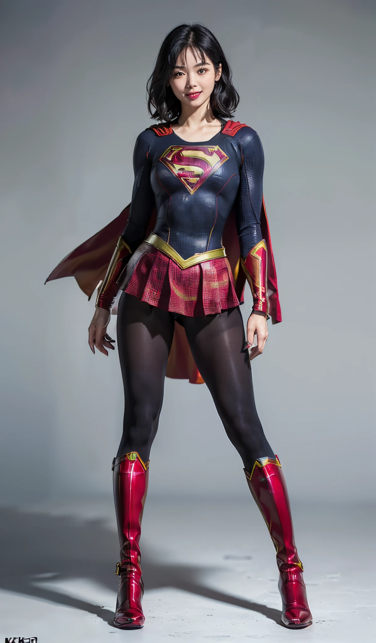 Suffering、mouth is always open sloppily、Drool is always dripping from my mouth、Asian Beautiful Girl、(((Wear black tights on your beautiful legs.)))、(((beauty legs)))、(((facial expression of smile)))、((((Make the most of the original image)))、(((Supergirl Costume)))、(((a short bob、beautiful hairl)))、(((Suffering)))、(((Feet must necessarily be worn with black tights)))、(((You need to wear red boots)))、((Top image quality、8K))、((top-quality、8K、masterpiece:1.3))、(((Keep your background simple)))、Crisp focus:1.2、Beautiful woman with perfect body shape:1.4、Slender Abs:1.2、a wet body:1.5、Highly detailed facial and skin texture、8K、beauty legs