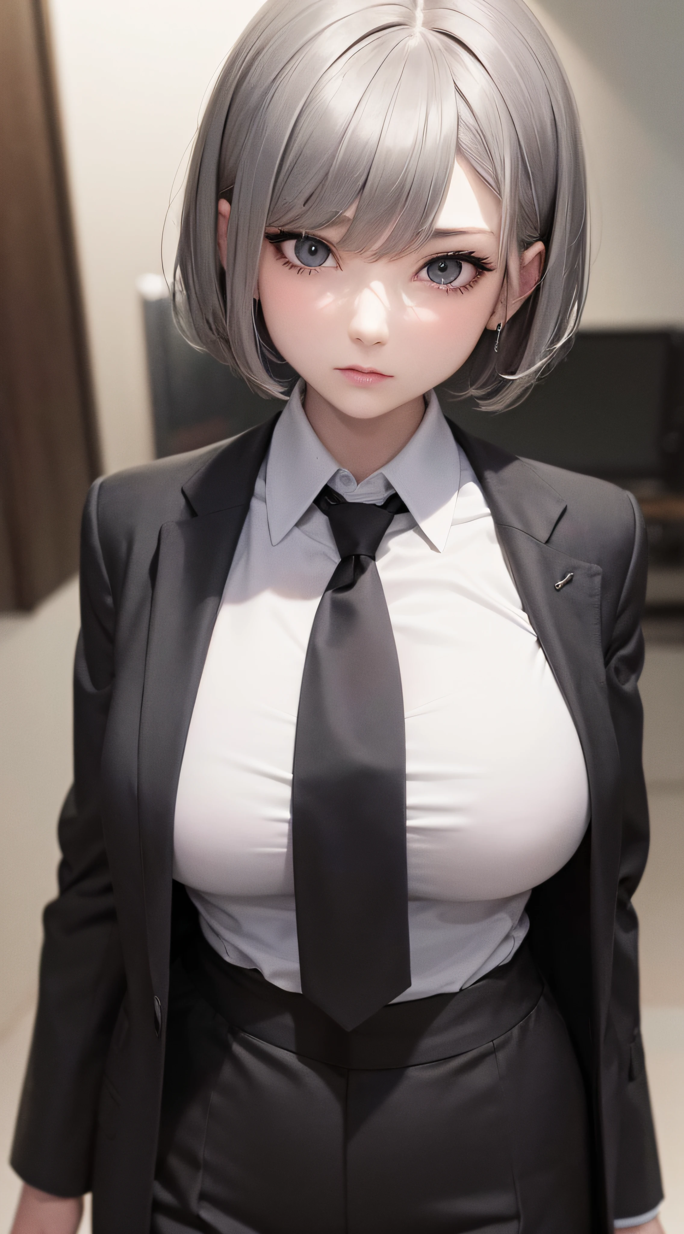 8k, high resolution, masterpiece, illustration, extreme details, mature, gray short hair, gray eyes, large breast, sexy, slim, business attire, necktie, white polo with black coat, black pants, professional, serious expression, eyeliner