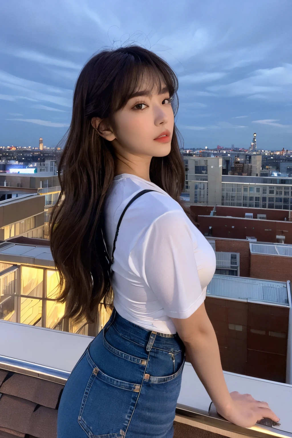 ((mid night、top-quality、8k、​masterpiece:1.3)), full bodyesbian, long legged, Rear view,foco nítido:1.2, Beautiful woman with perfect body shape:1.4, Slender Abs:1.1, ((dark brown  hair、huge tit:1.2)), (White tight t-shirt、Jean Bib, is standing:1.2), ((Night City View、On the rooftop:1.3)), Highly detailed facial and skin texture, A detailed eye, 二重まぶた