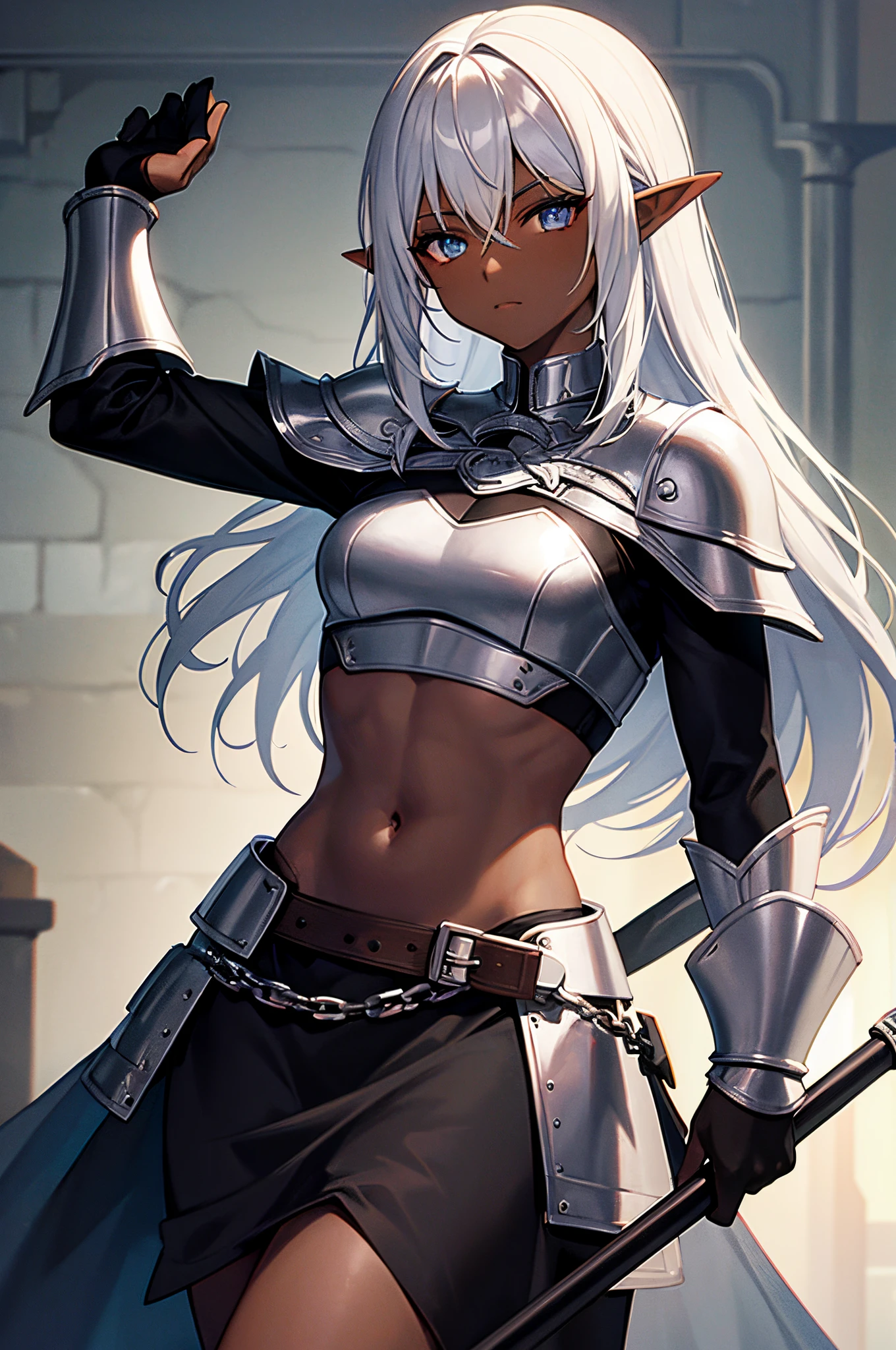 (fantasy tavern background:1.5) 1girl (dark skin:1.4) (trap:1.2) (illustration:1.5) (flat chest:1.5) (large ass:1.2) short person (holding daggers in hands:1.3) (large crotch bulge:1.5) (shoulder length white hair:1.3) (goat horns) (goat ears) loli, highly detailed, 4k, 8k, ultra-detailed face, best quality face full body shot, friendly smile, croptop, exposed stomach, thigh-highs, thong, adventurer