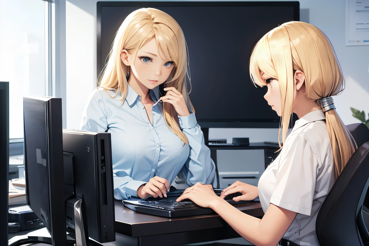 Office lady working on a computer at her office desk、1girl in, serious cover、blonde hair、