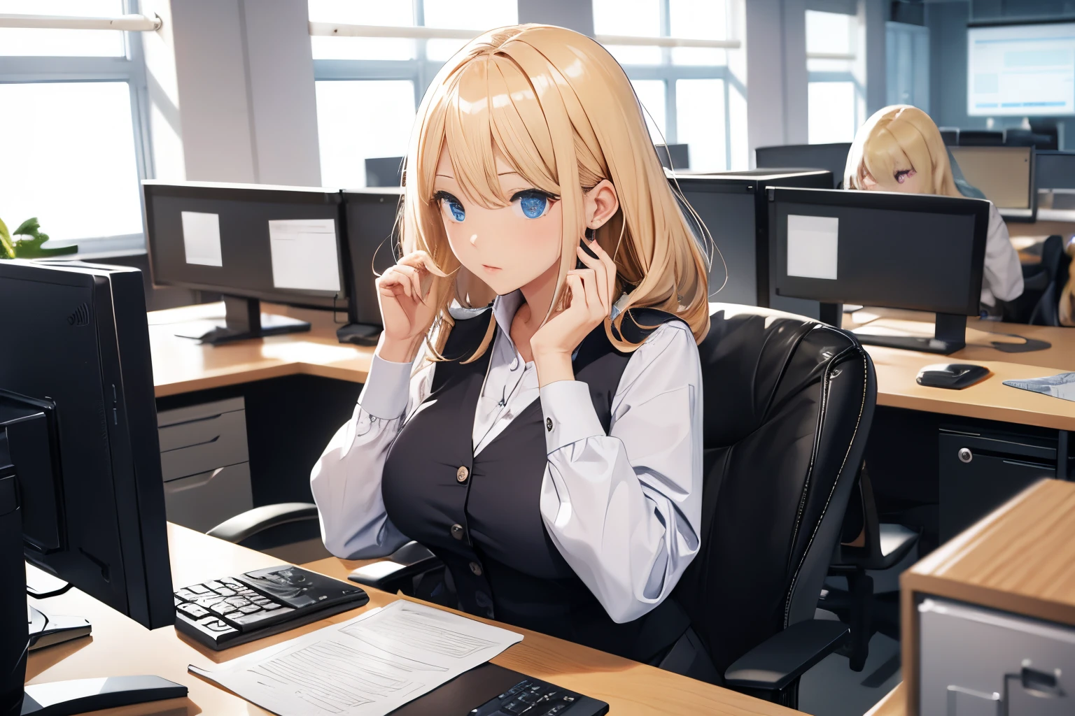 Office lady working on a computer at her office desk、1girl in,  serious cover、blonde hair、
