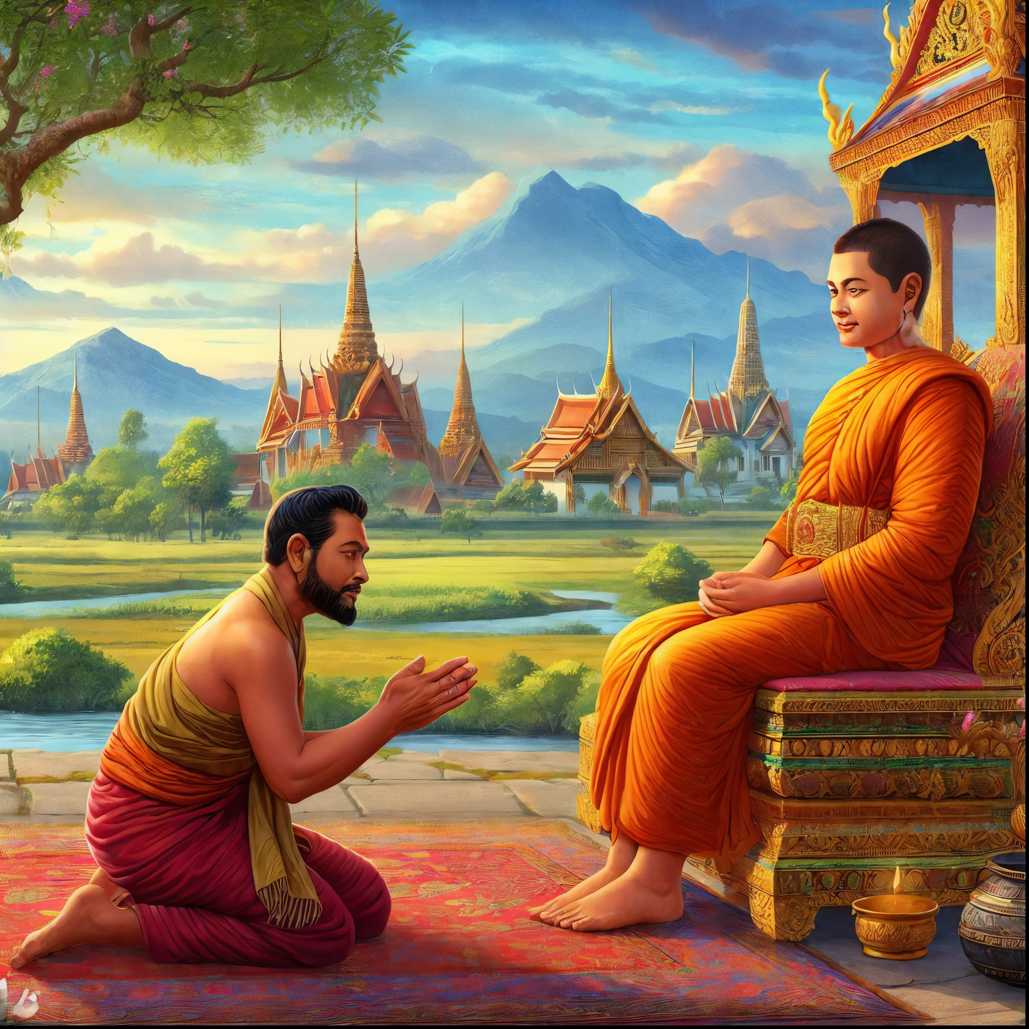 a man kneeling down to a man sitting on a bench, buddhism, buddhist, tithi luadthong, thailand art, beautiful depiction, buddhist art, buddhist monk, on path to enlightenment, monk meditate, on the path to enlightenment, temple background, monk clothes, monk, artistic depiction, stoic and calm, hindu stages of meditation, buddhist monk meditating