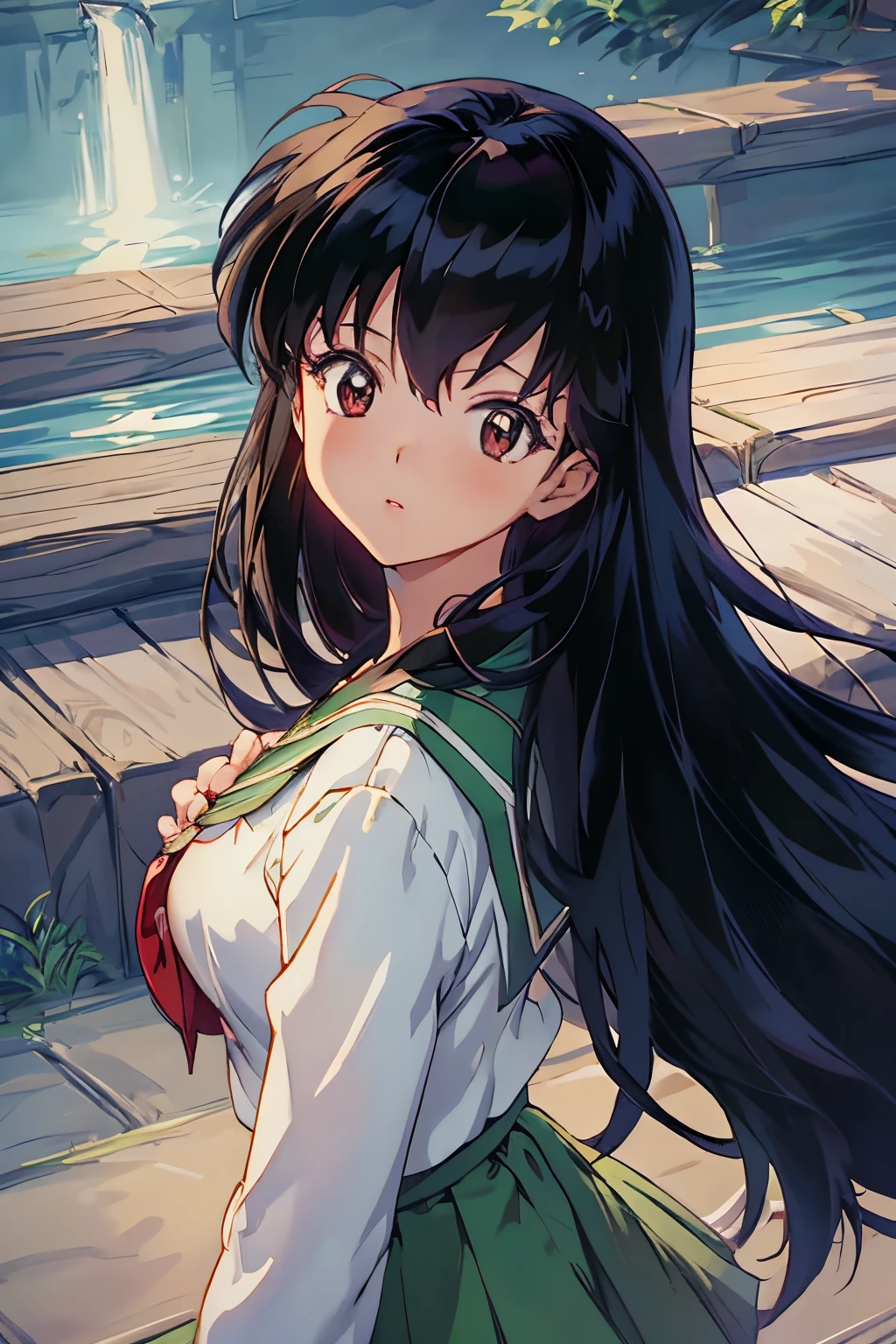 masuter piece, Best Quality, 超A high resolution, top-quality, Anime style, The best lighting, Beautiful face, 1girl in, Kagome Higurashi, Brown-eyed, Face Focus, Photorealsitic, (hyper realisitic:1.2), perfect  eyes, face perfect, Perfect litthing, plein air, 校服, city scenery