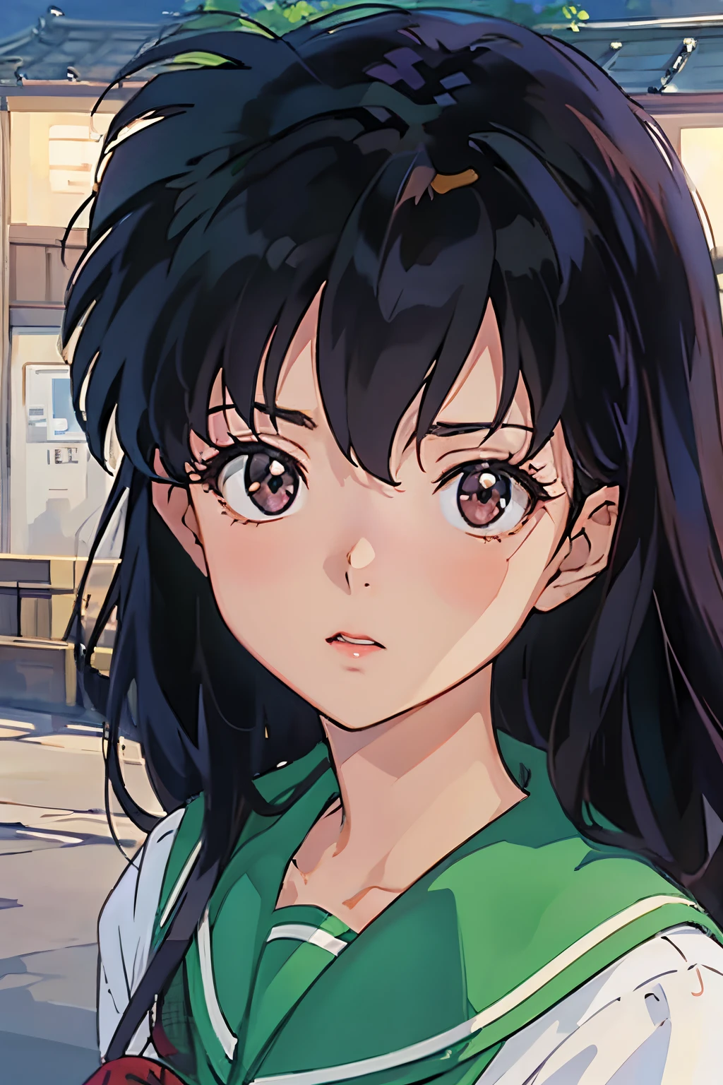 masuter piece, Best Quality, 超A high resolution, top-quality, Anime style, Best Lighting, Beautiful face, 1girl in, Kagome Higurashi, Brown-eyed, face focus, Photorealsitic, (hyper realisitic:1.2), perfect  eyes, face perfect, Perfect litthing, plein air, 校服, city scenery