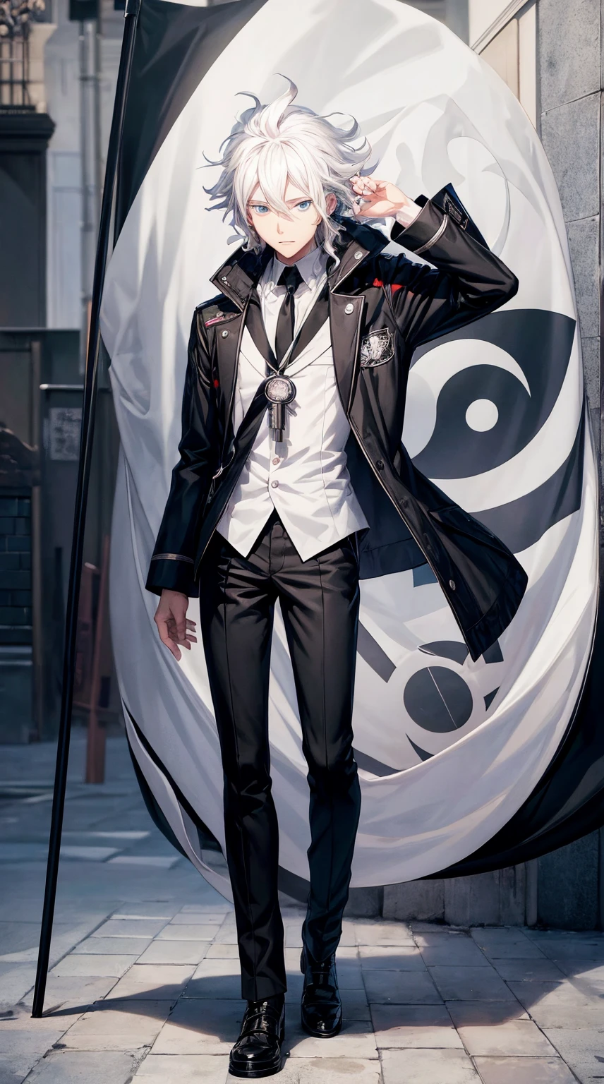 anime guy with white hair and a black jacket with a flag on it, nagito komaeda, official art, key anime art, makoto kano, !!full body portrait!!, full body portrait of a short!, tall anime guy with blue eyes, official anime artwork, young anime man, high quality portrait, 2022 anime style