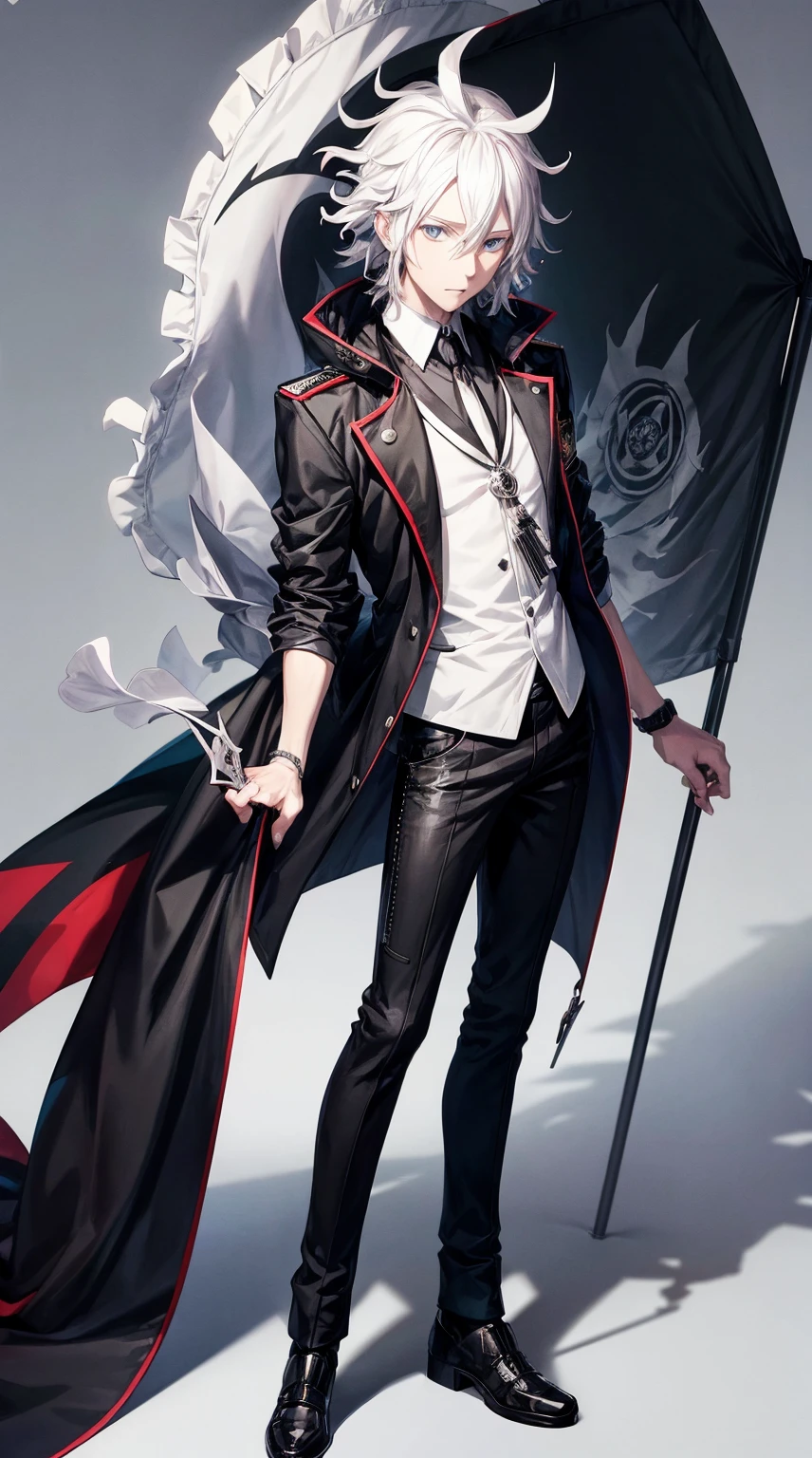 anime guy with white hair and a black jacket with a flag on it, nagito komaeda, official art, key anime art, makoto kano, !!full body portrait!!, full body portrait of a short!, tall anime guy with blue eyes, official anime artwork, young anime man, high quality portrait, 2022 anime style