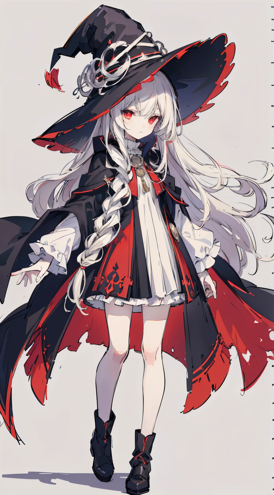 White long hair, Bangs, Red Eye, Witch, Witch Hat, Fantasy, fantasy-inspired, black robes, victorian clothing, Aristocratic clothing, Long Brown Boots, Black knee socks, Black elements in clothes, Red elements on clothes, White elements in clothes, Yellow elements of clothing, Dark, Dim light, Puffy hair, Hair sticking out, ((sketch, Sketch style, Pastel style, dull color, Soft colors))