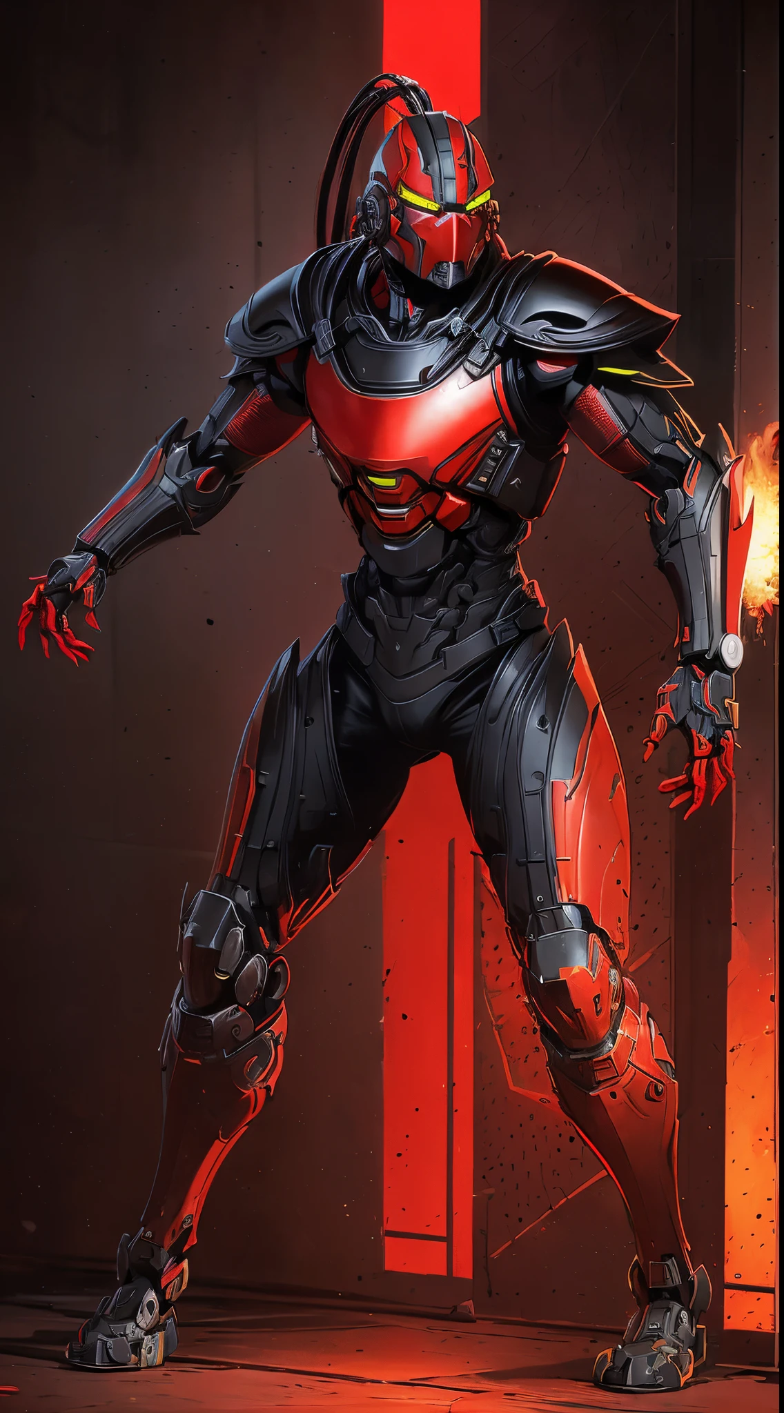 zxcrx, cyborg ninja wearing sleek, (red and black armour:1.5) that incorporates various mechanical components, his face is covered by a helmet with a (glowing red visor:1.3), equipped with powerful flamethrowers, missile launchers, retractable blades, intricate, high detail, sharp focus, dramatic, photorealistic painting art by greg rutkowski