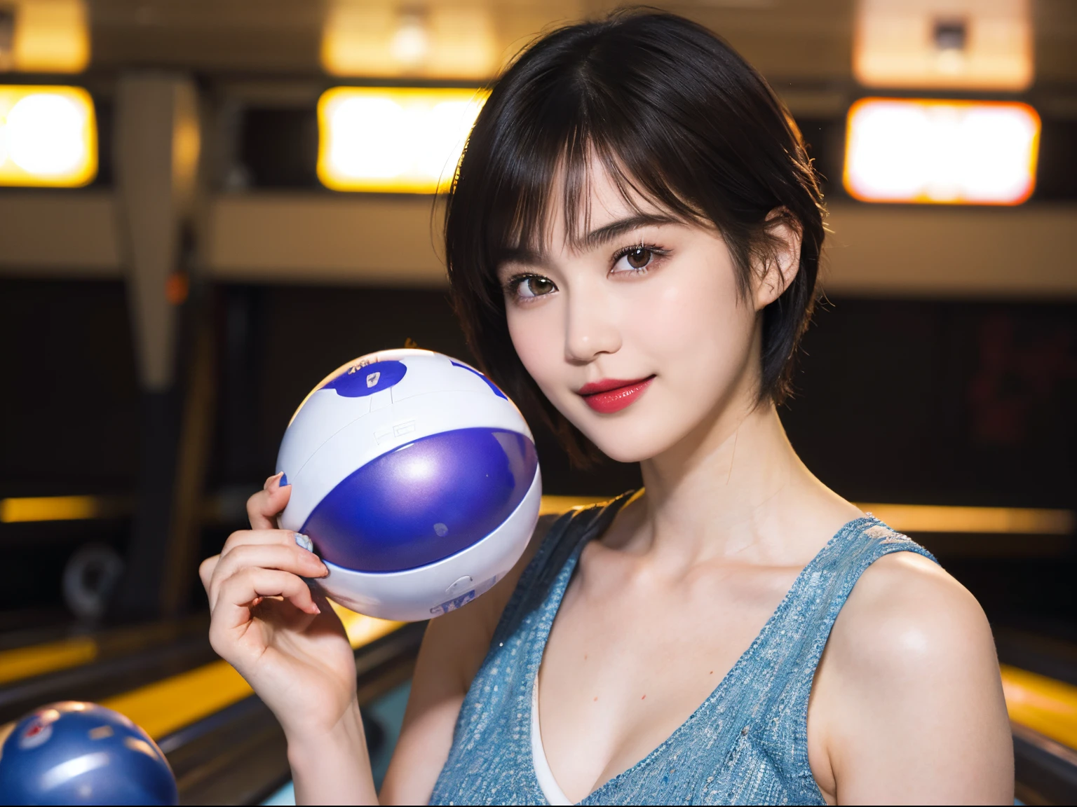 116
(a 20 yo woman,bowling), (A hyper-realistic), (high-level image quality), ((beautiful hairstyle 46)), ((short-hair)), (Gentle smile), (breasted:1.1), (lipsticks), (Bowling alley)