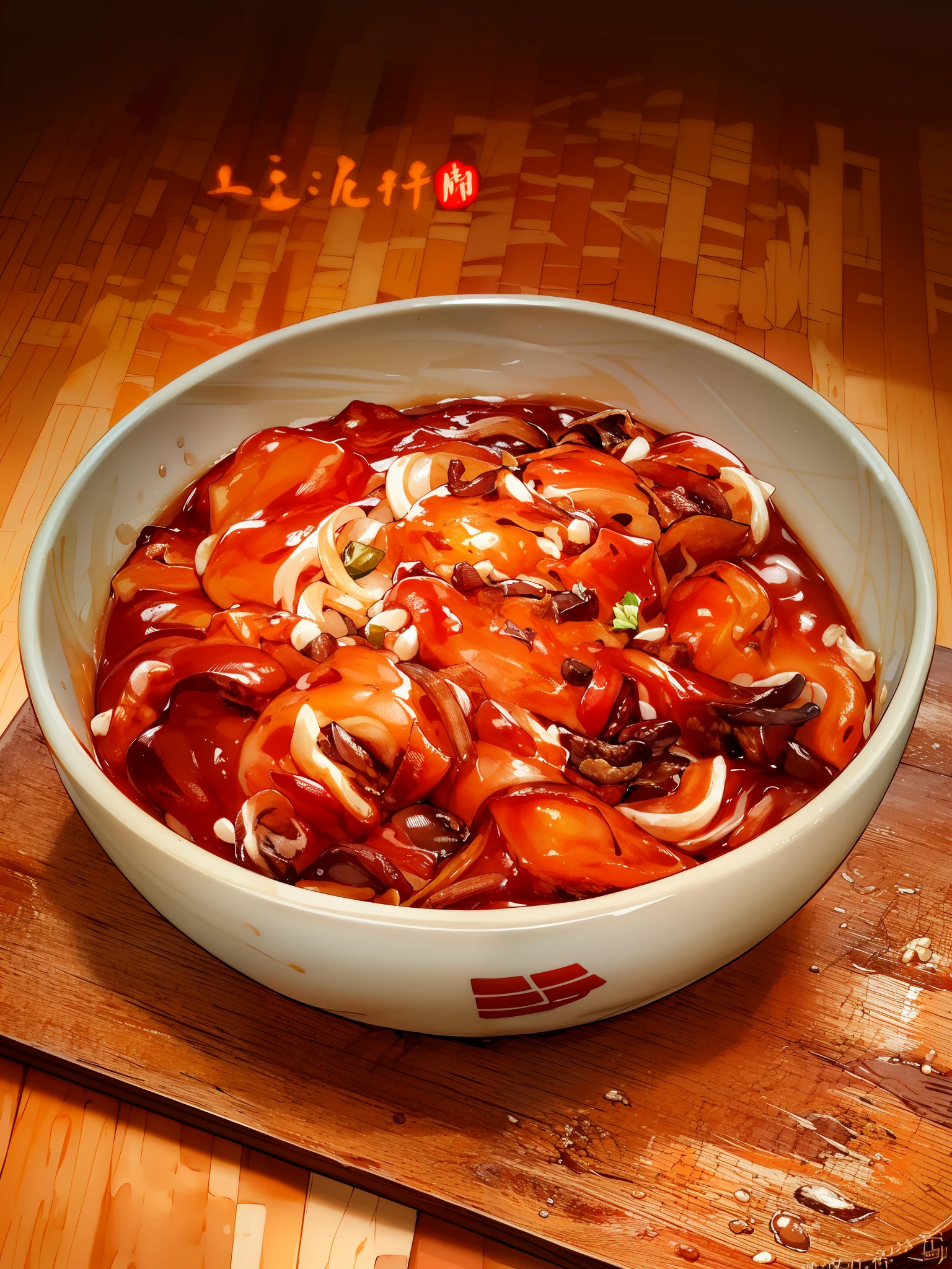There is a bowl of noodles on the wooden board,Vector illustration of a bowl of mashed potatoes mixed with noodles,Noodles covered in spicy sauce,There’s a lot of chili in it,Lots of red oil,There are chopped green onions, sauerkraut,In a colorful animation stills style, sci fi anime, Dark red and dark amber, Qian Xuan, organic sculpting, accurate and detailed, Anime core ,32k ULTRAHD, Best quality, Masterpiece, Super detail, High details